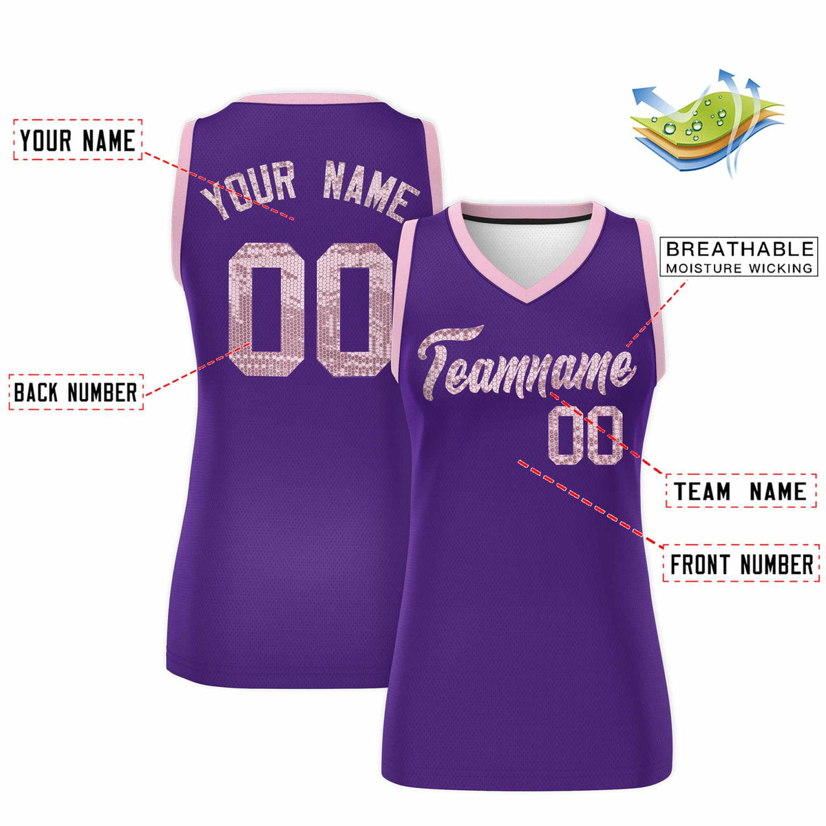 Custom Purple Light Pink Women Basketball Jersey Sequined Dress|KXKSHOP