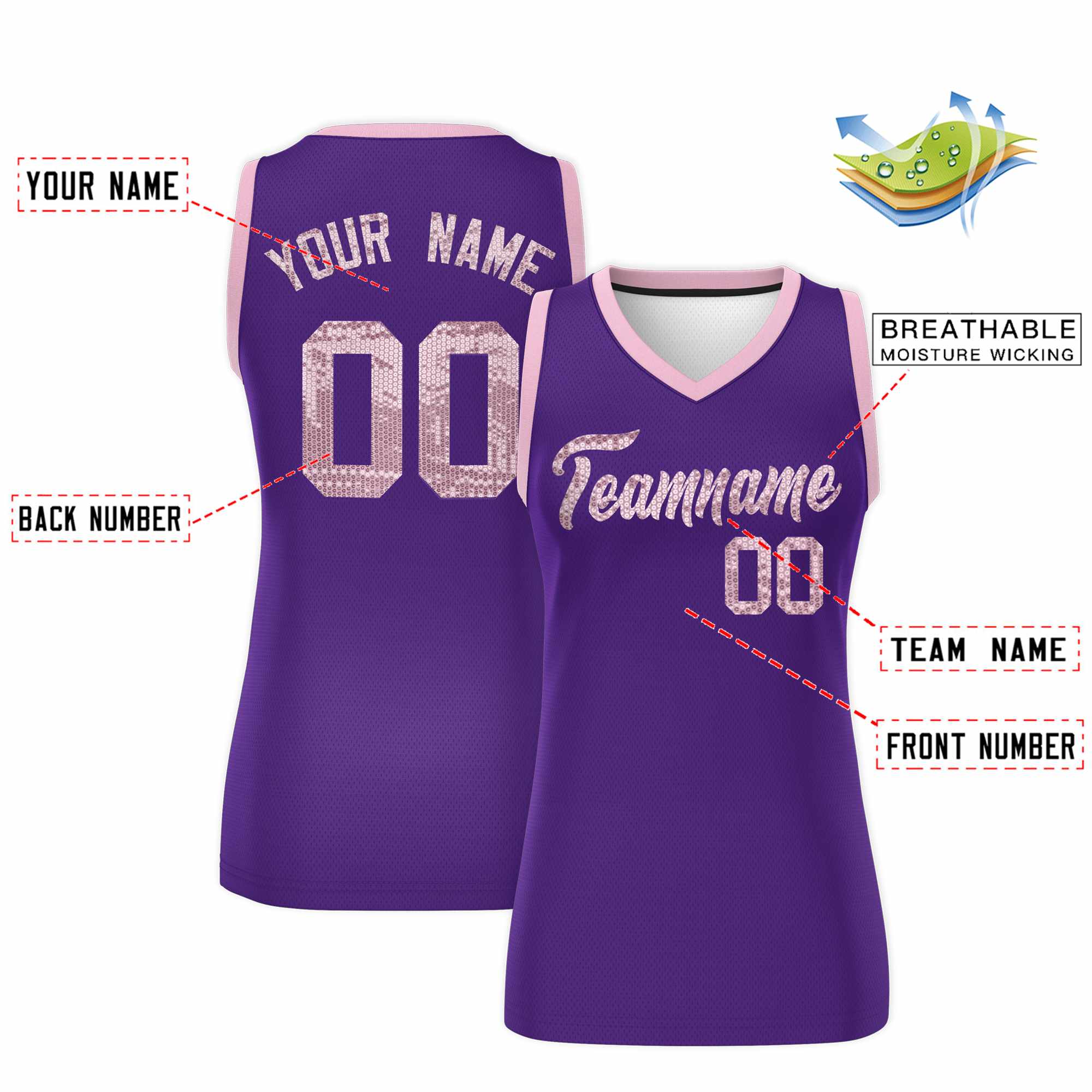 Custom Purple Light Pink Women Basketball Jersey Sequined Dress|KXKSHOP
