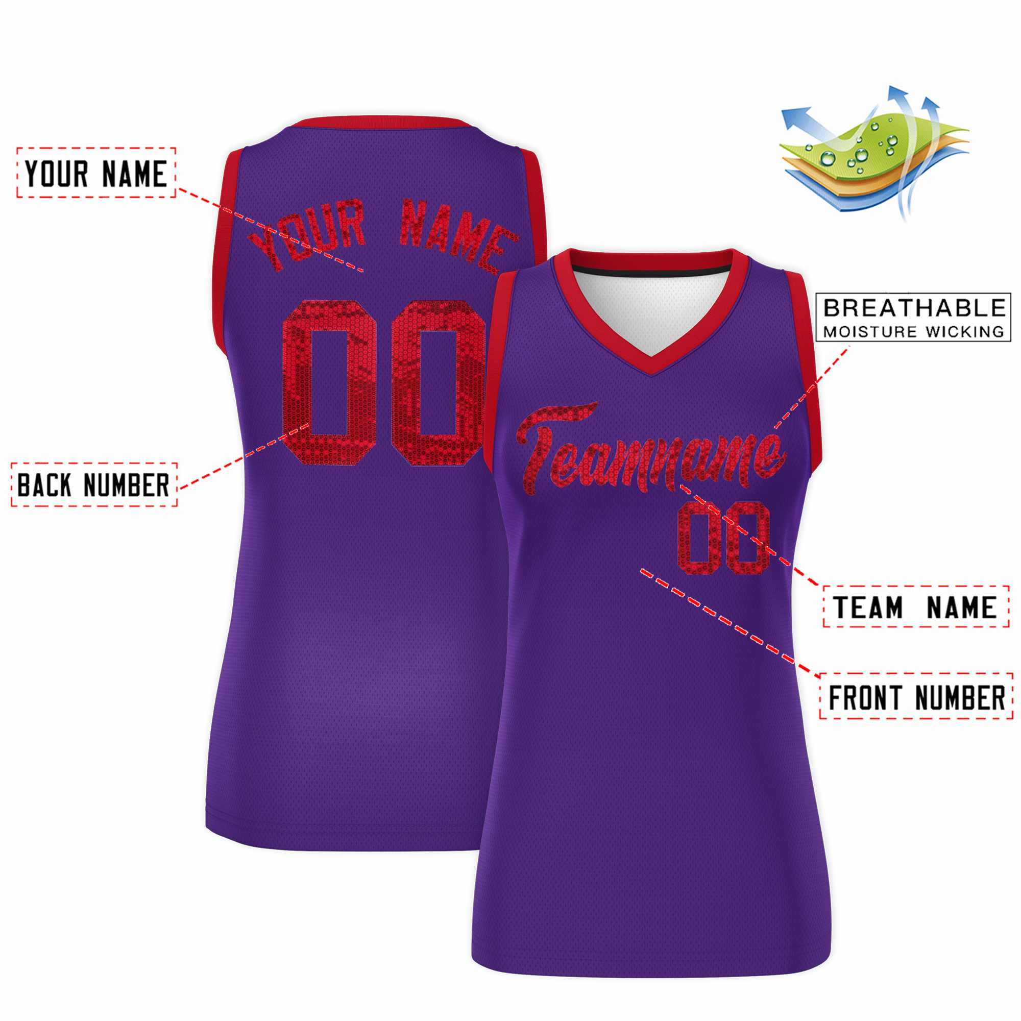 Custom Purple Red Women Basketball Jersey Sequined Dress|KXKSHOP