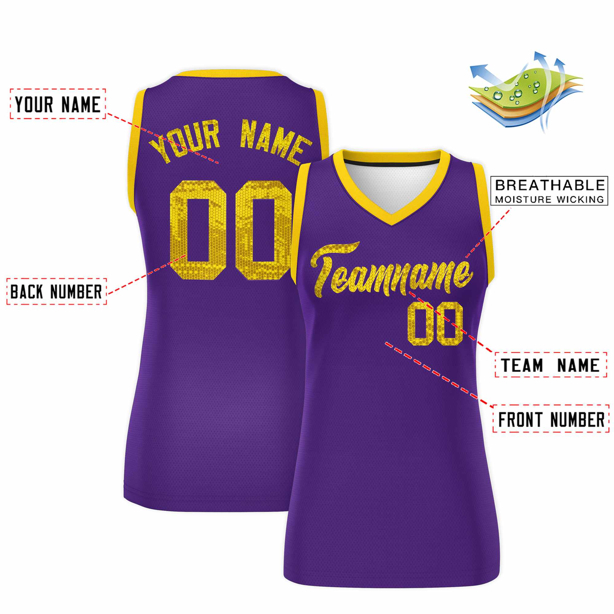 Custom Purple Gold Women Basketball Jersey Sequined Dress|KXKSHOP
