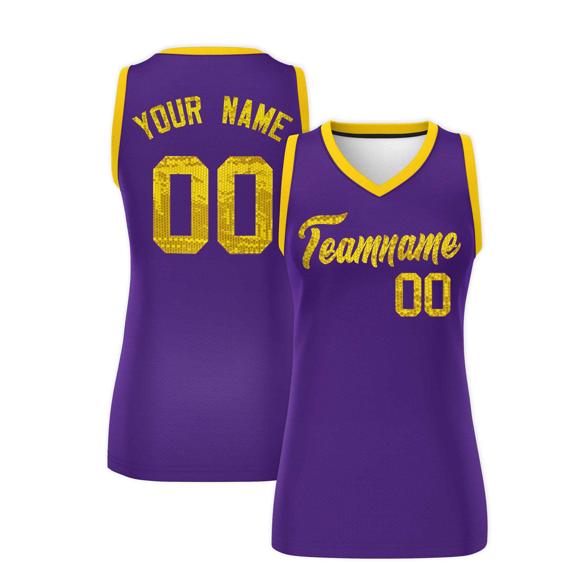 Custom Purple Gold Women Basketball Jersey Sequined Dress|KXKSHOP