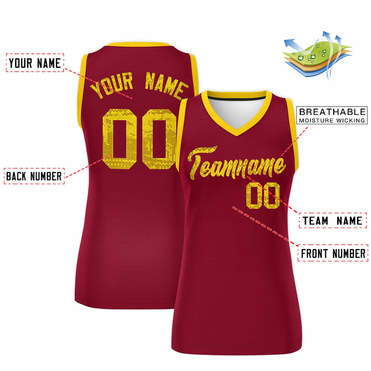 Custom Crimson Gold Women Basketball Jersey Sequined Dress|KXKSHOP