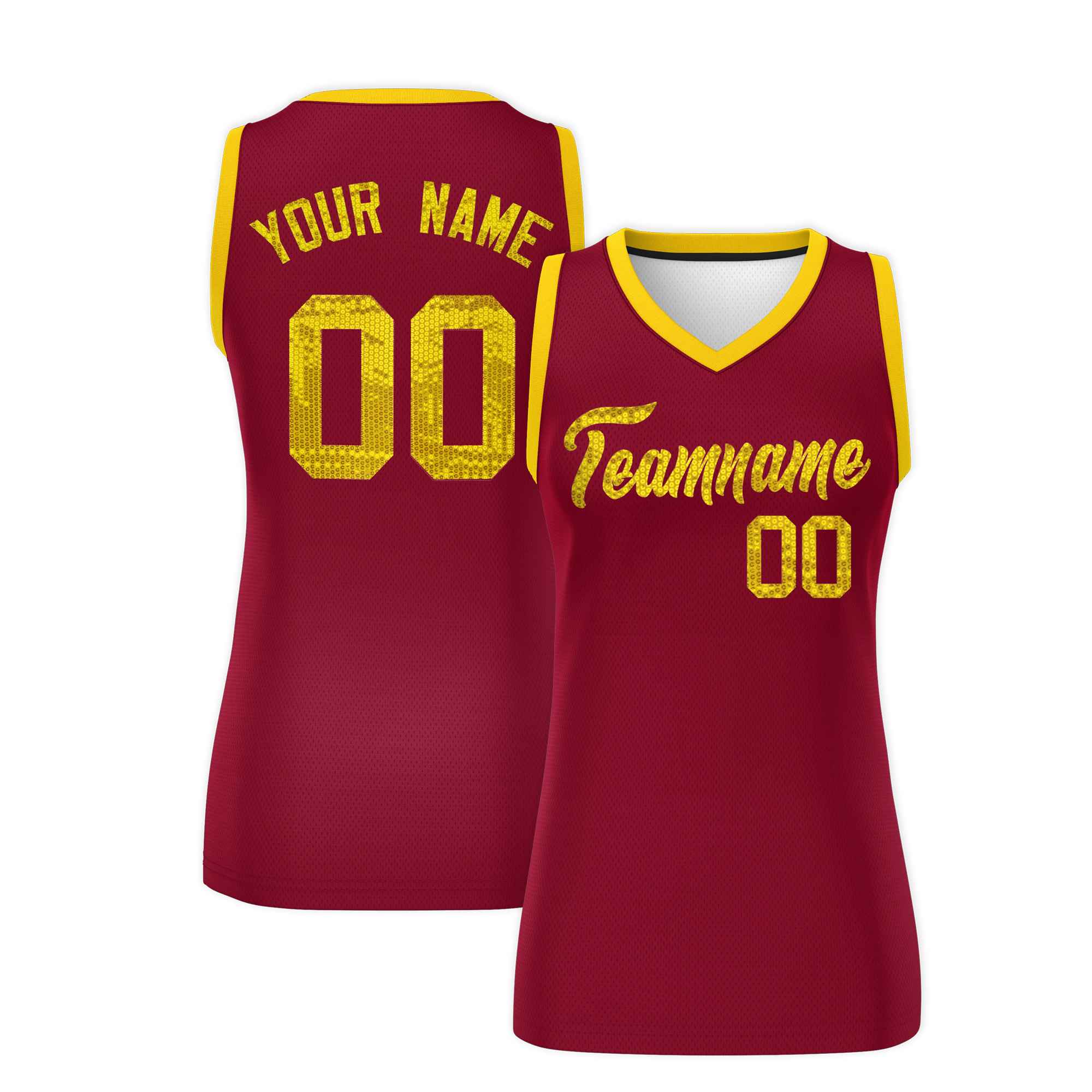 Custom Crimson Gold Women Basketball Jersey Sequined Dress|KXKSHOP