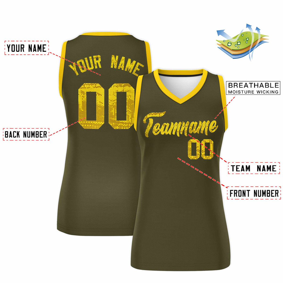 Custom Olive Gold Women Basketball Jersey Sequined Dress|KXKSHOP
