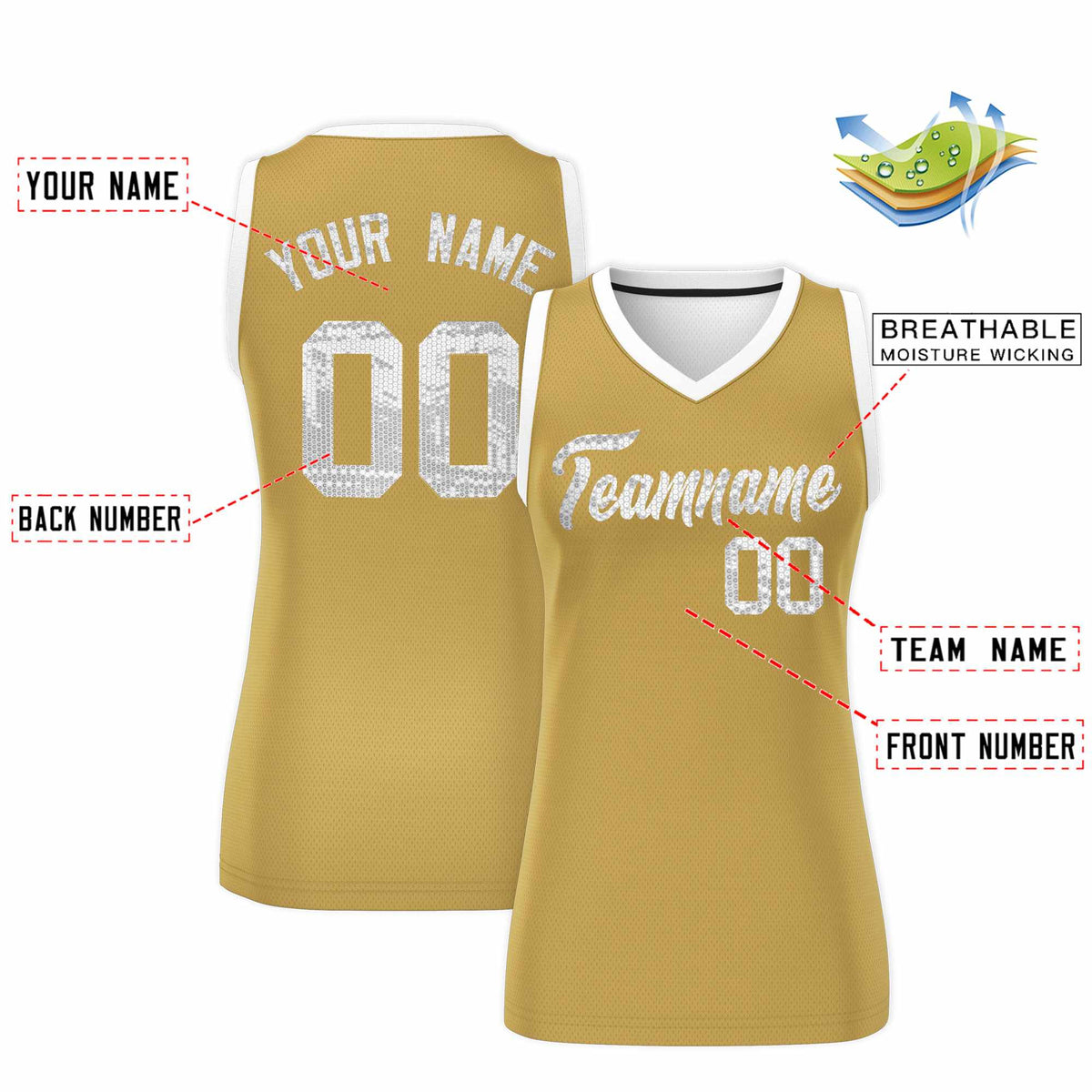 Custom Old Gold White Women Basketball Jersey Sequined Dress|KXKSHOP
