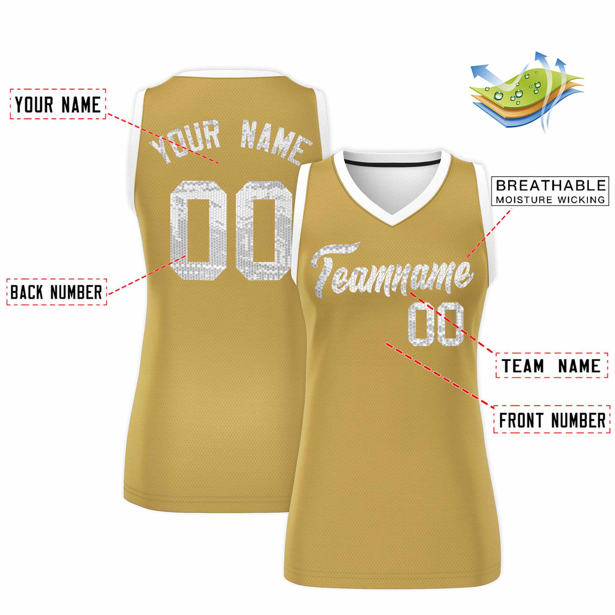 Custom Old Gold White Women Basketball Jersey Sequined Dress|KXKSHOP