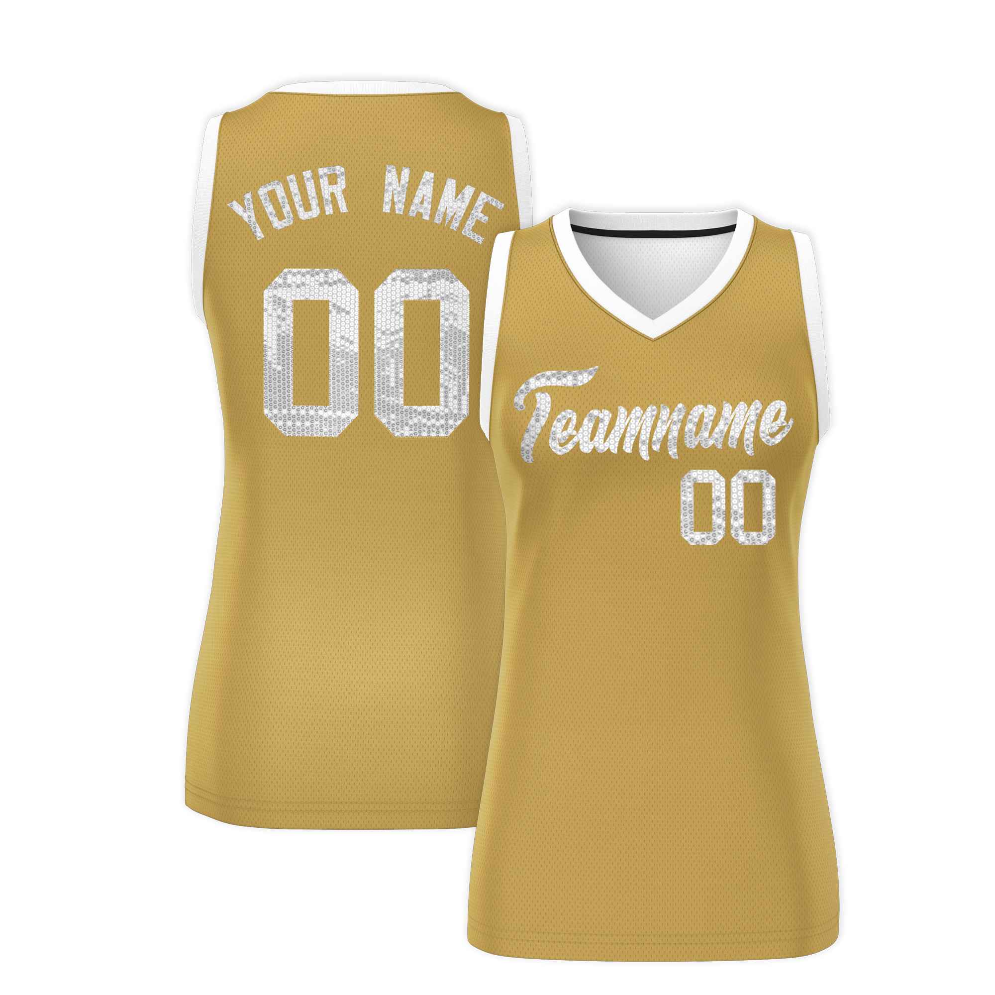 Custom Old Gold White Women Basketball Jersey Sequined Dress|KXKSHOP