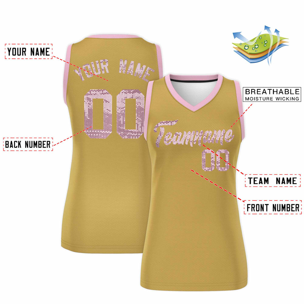 Custom Old Gold Light Pink Women Basketball Jersey Sequined Dress|KXKSHOP