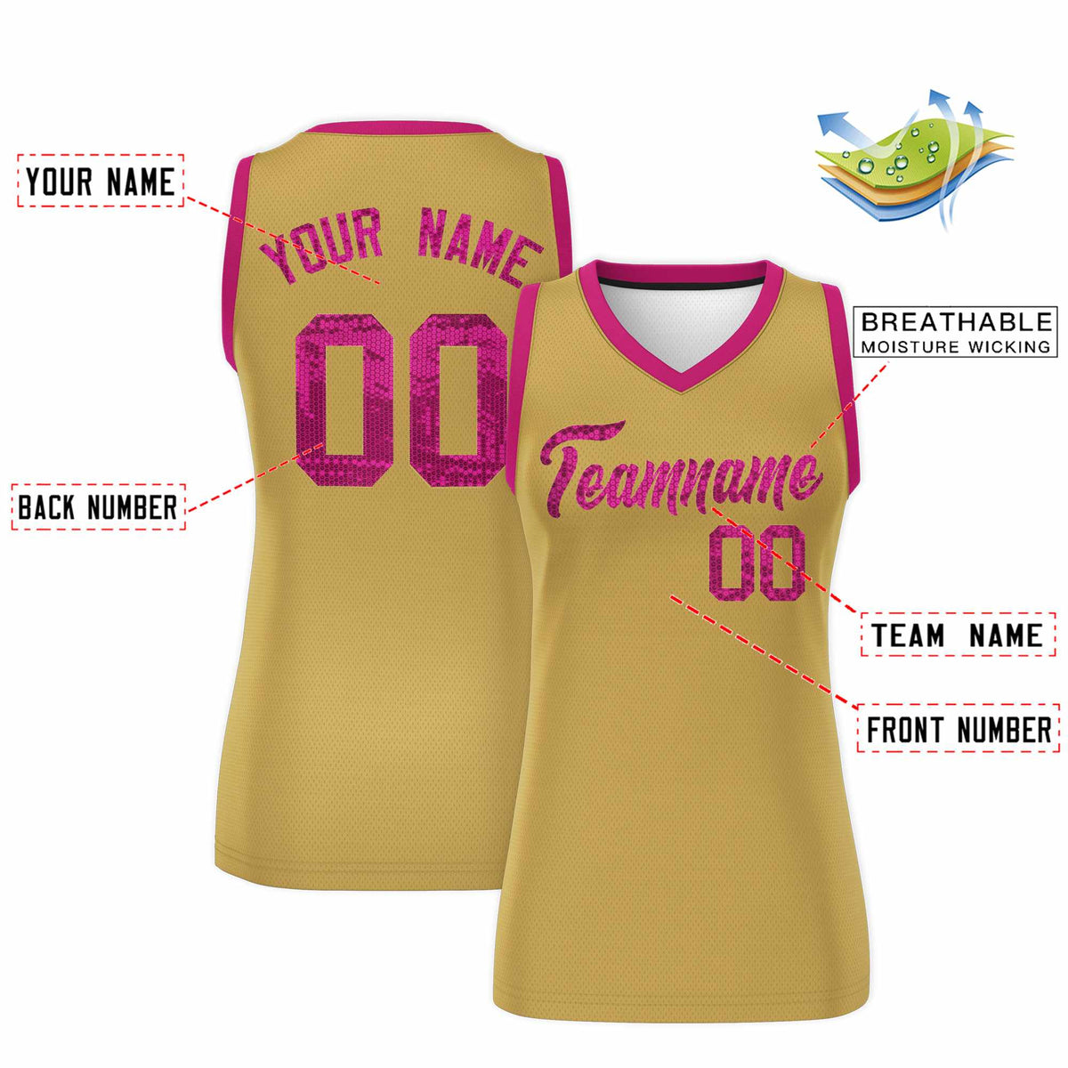 Custom Old Gold Pink Women Basketball Jersey Sequined Dress|KXKSHOP