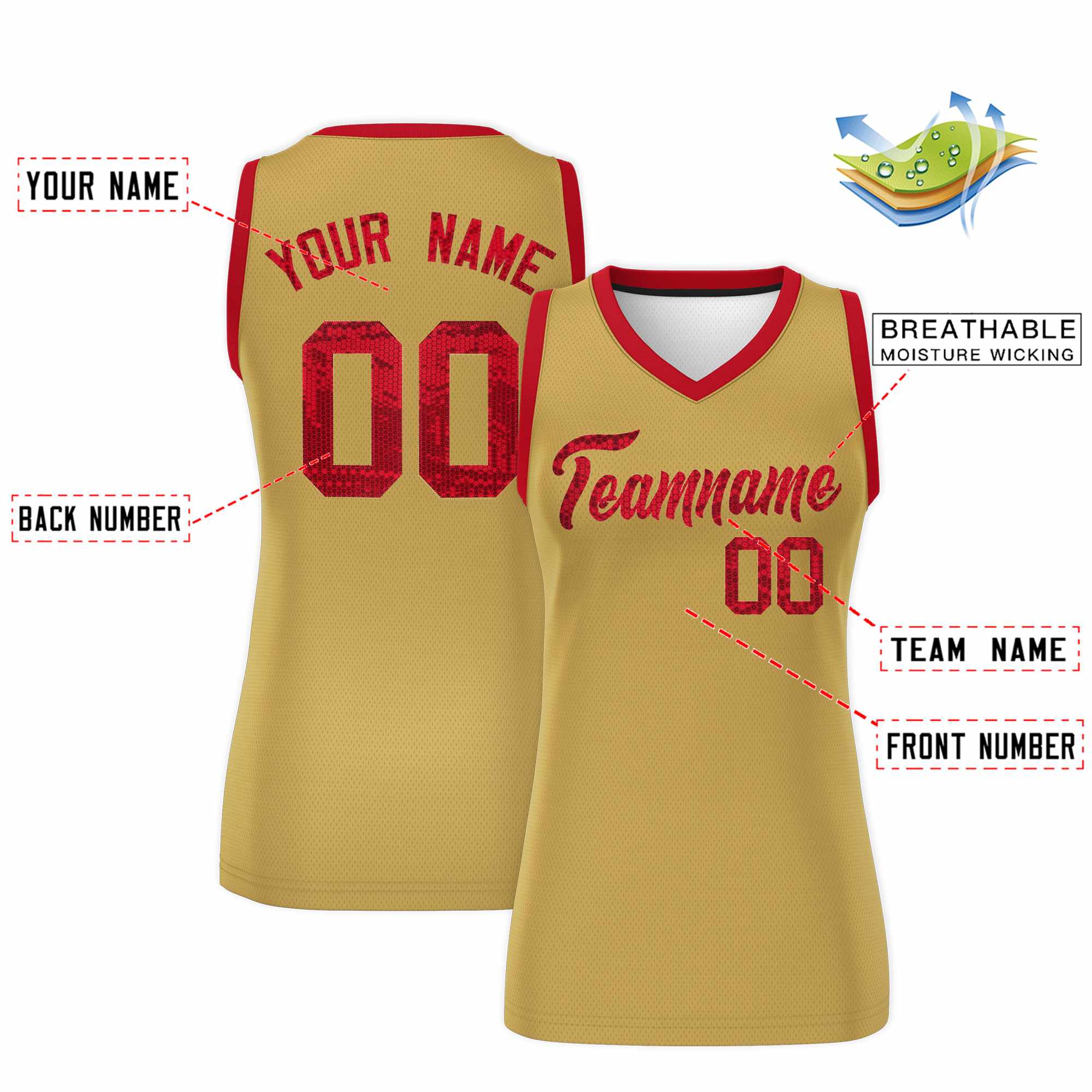 Custom Old Gold Red Women Basketball Jersey Sequined Dress|KXKSHOP