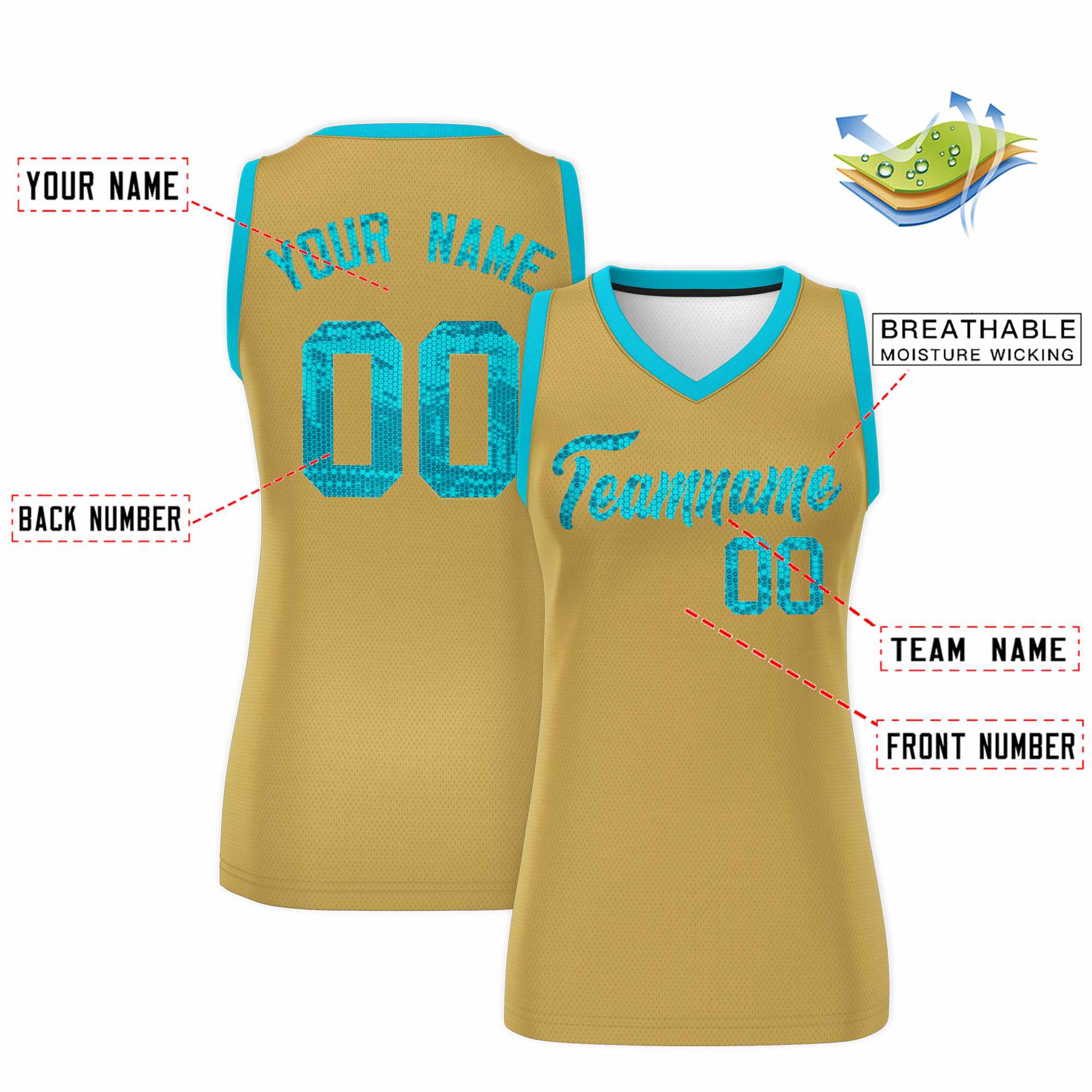 Custom Old Gold Sky Blue Women Basketball Jersey Sequined Dress|KXKSHOP