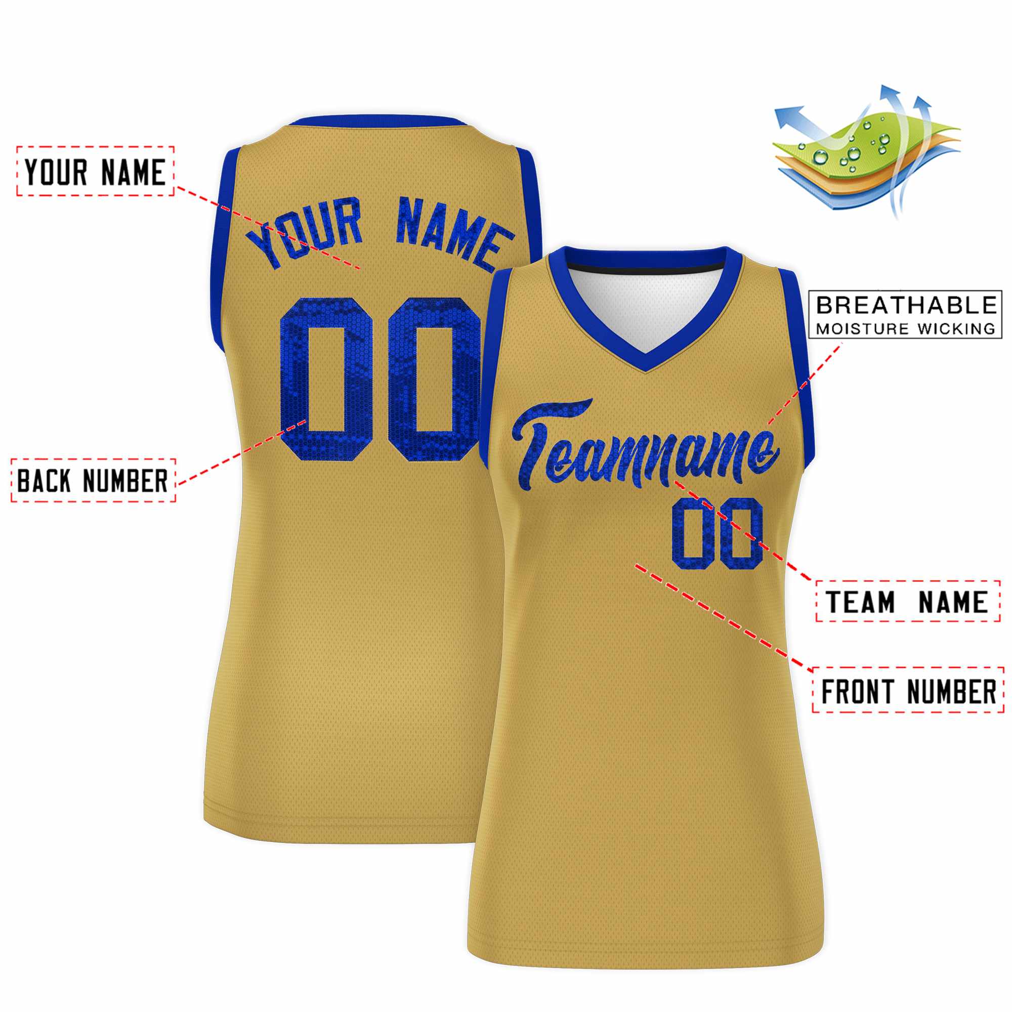 Custom Old Gold Royal Women Basketball Jersey Sequined Dress|KXKSHOP