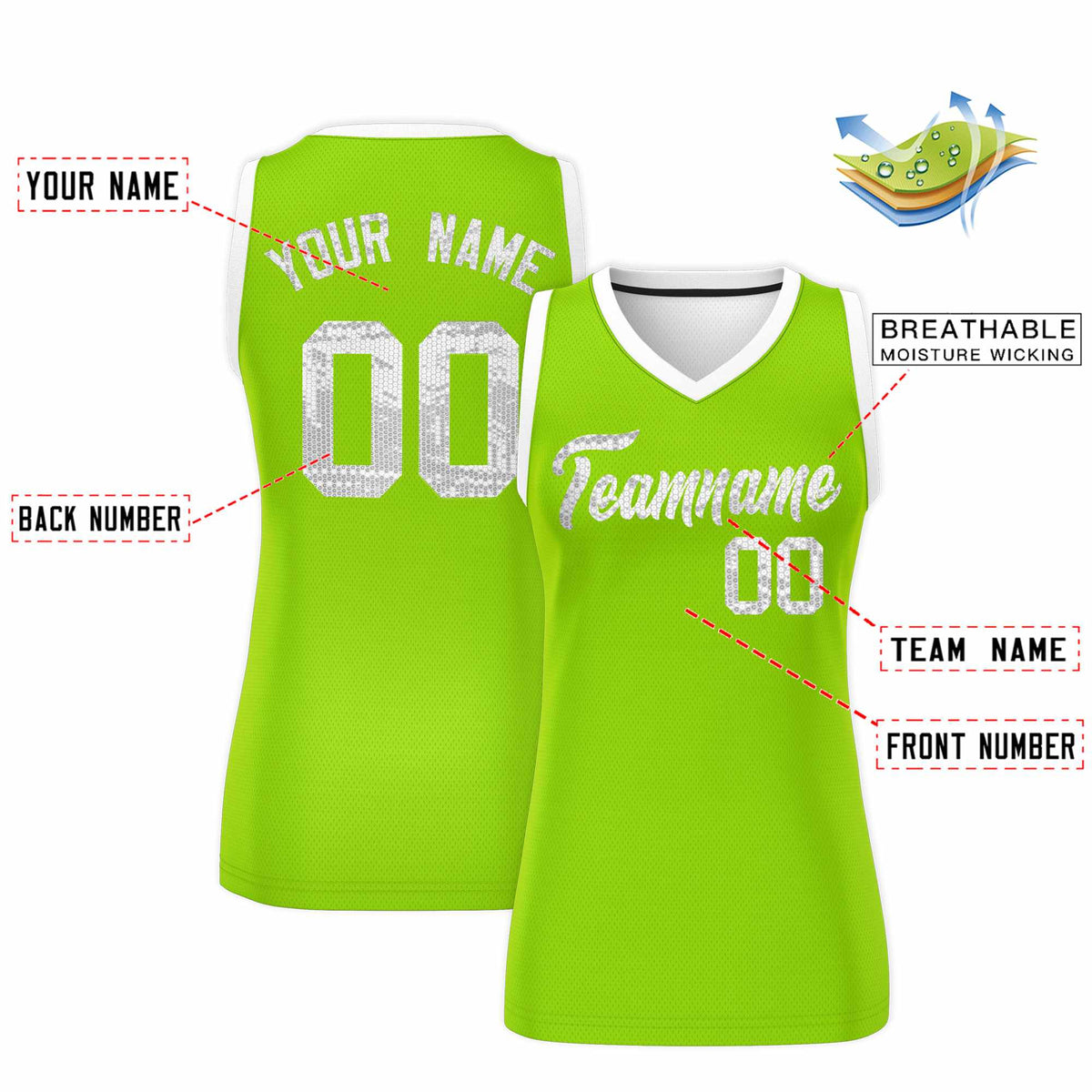 Custom Neon Green White Women Basketball Jersey Sequined Dress|KXKSHOP
