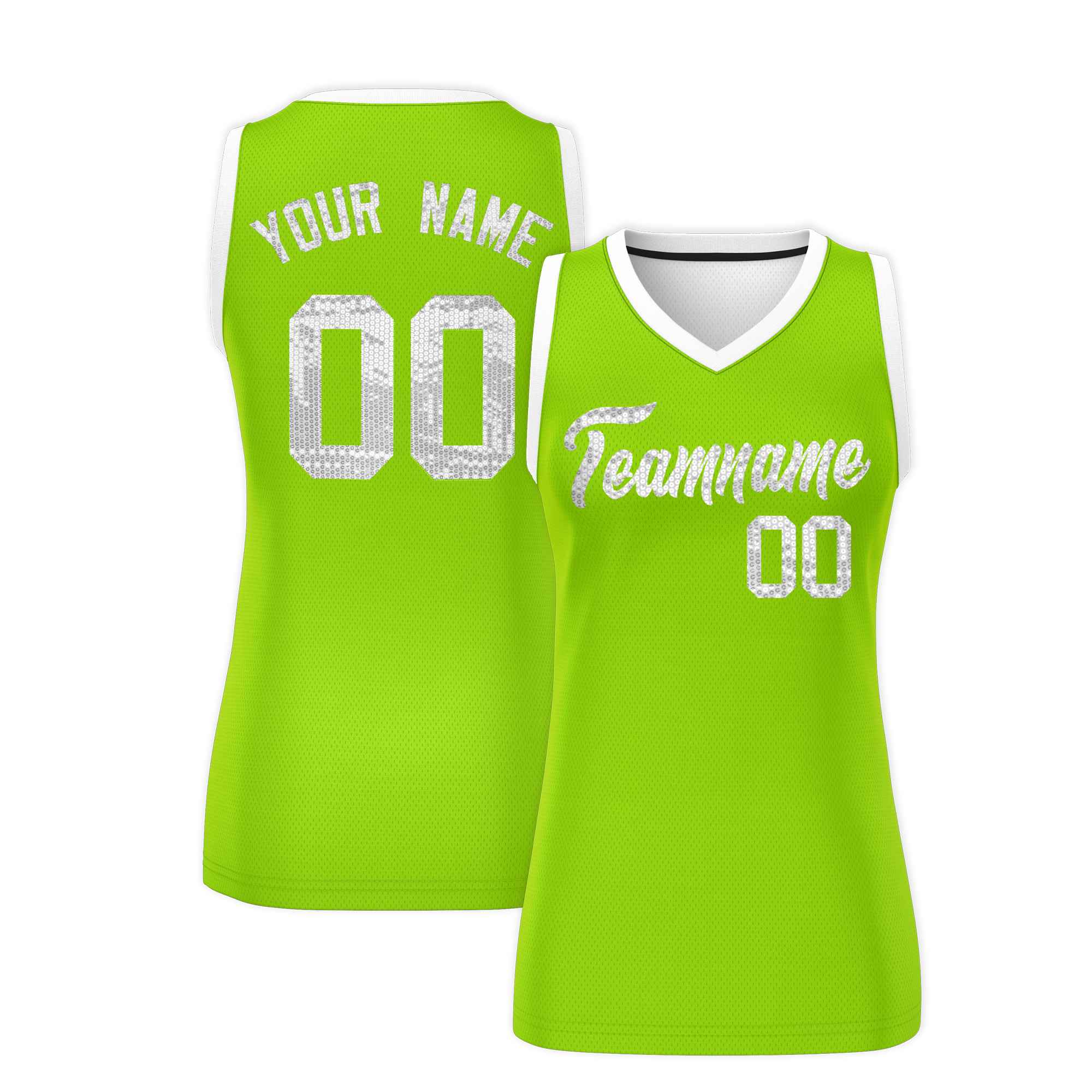 Custom Neon Green White Women Basketball Jersey Sequined Dress|KXKSHOP