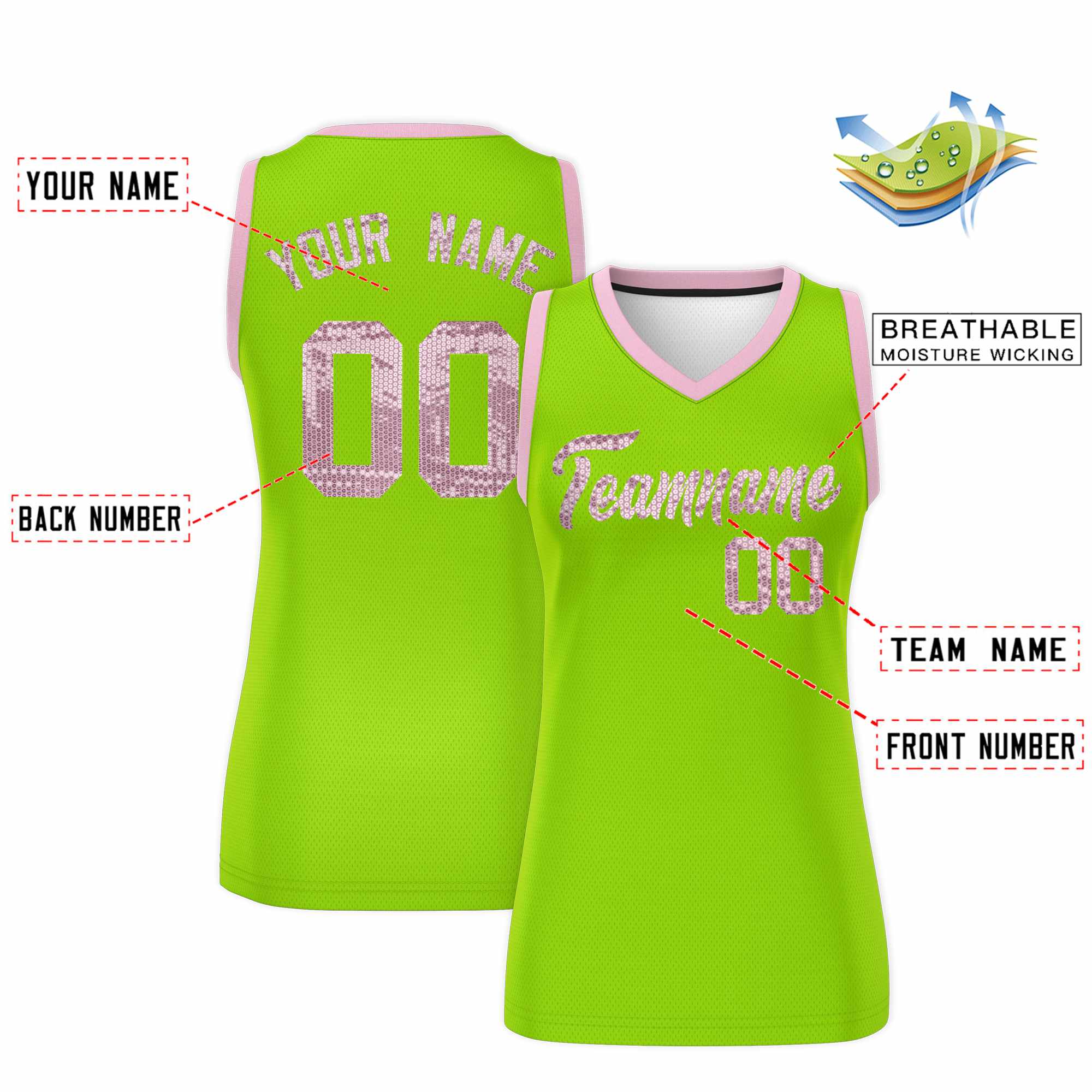 Custom Neon Green Light Pink Women Basketball Jersey Sequined Dress|KXKSHOP