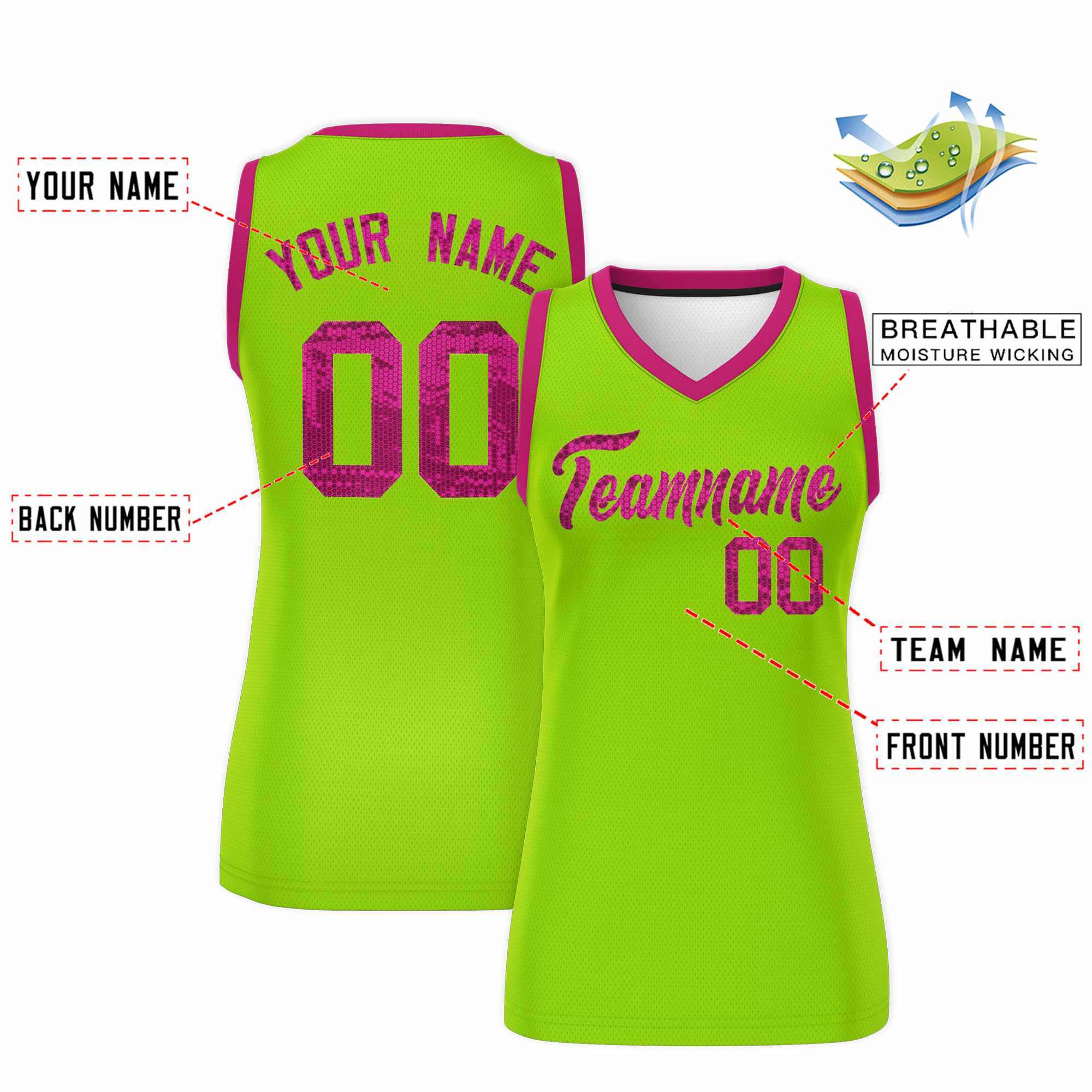 Custom Neon Green Pink Women Basketball Jersey Sequined Dress|KXKSHOP
