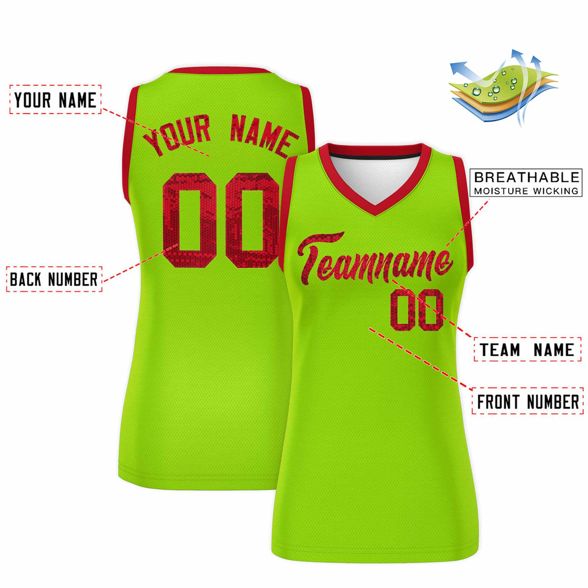 Custom Neon Green Red Women Basketball Jersey Sequined Dress|KXKSHOP