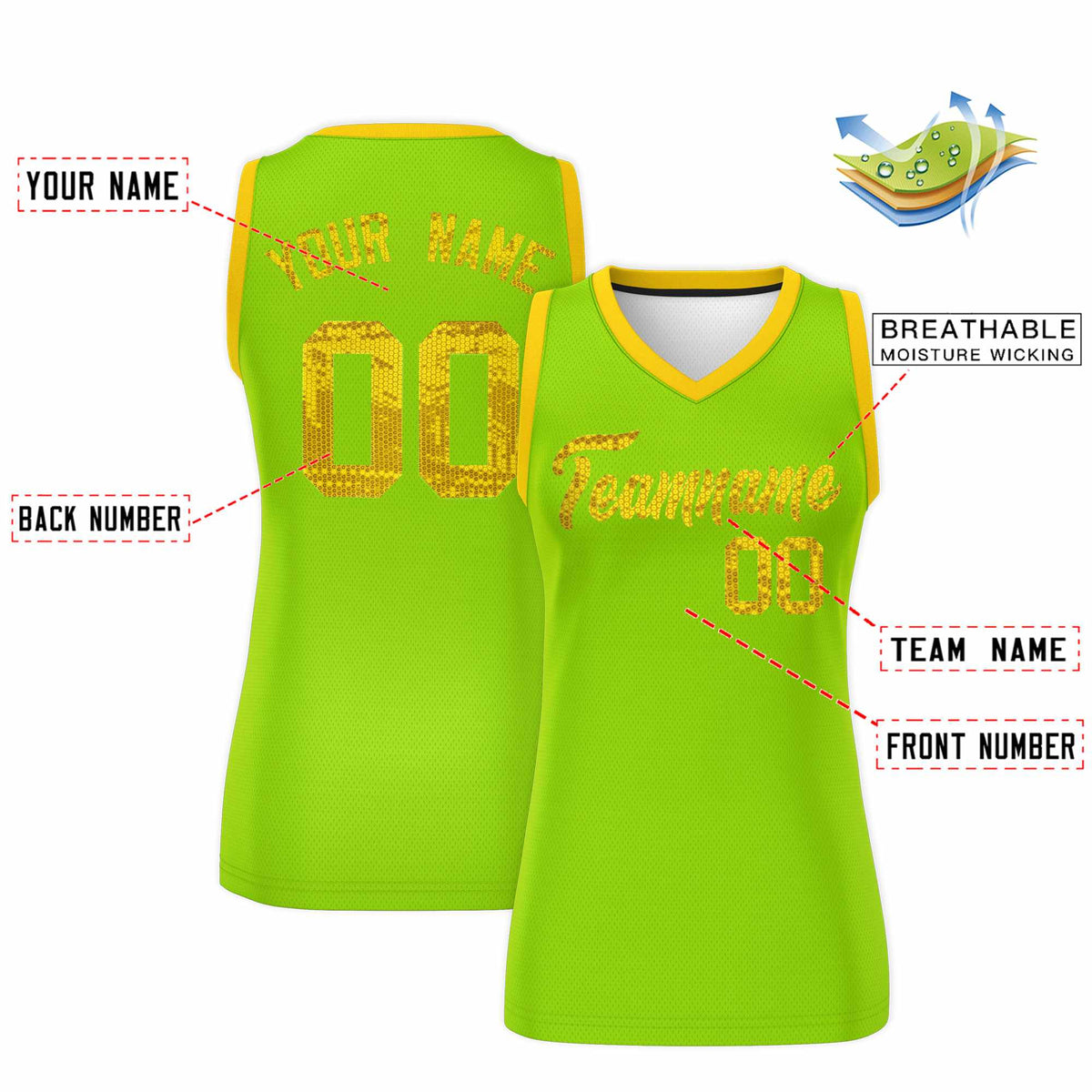 Custom Neon Green Gold Women Basketball Jersey Sequined Dress|KXKSHOP