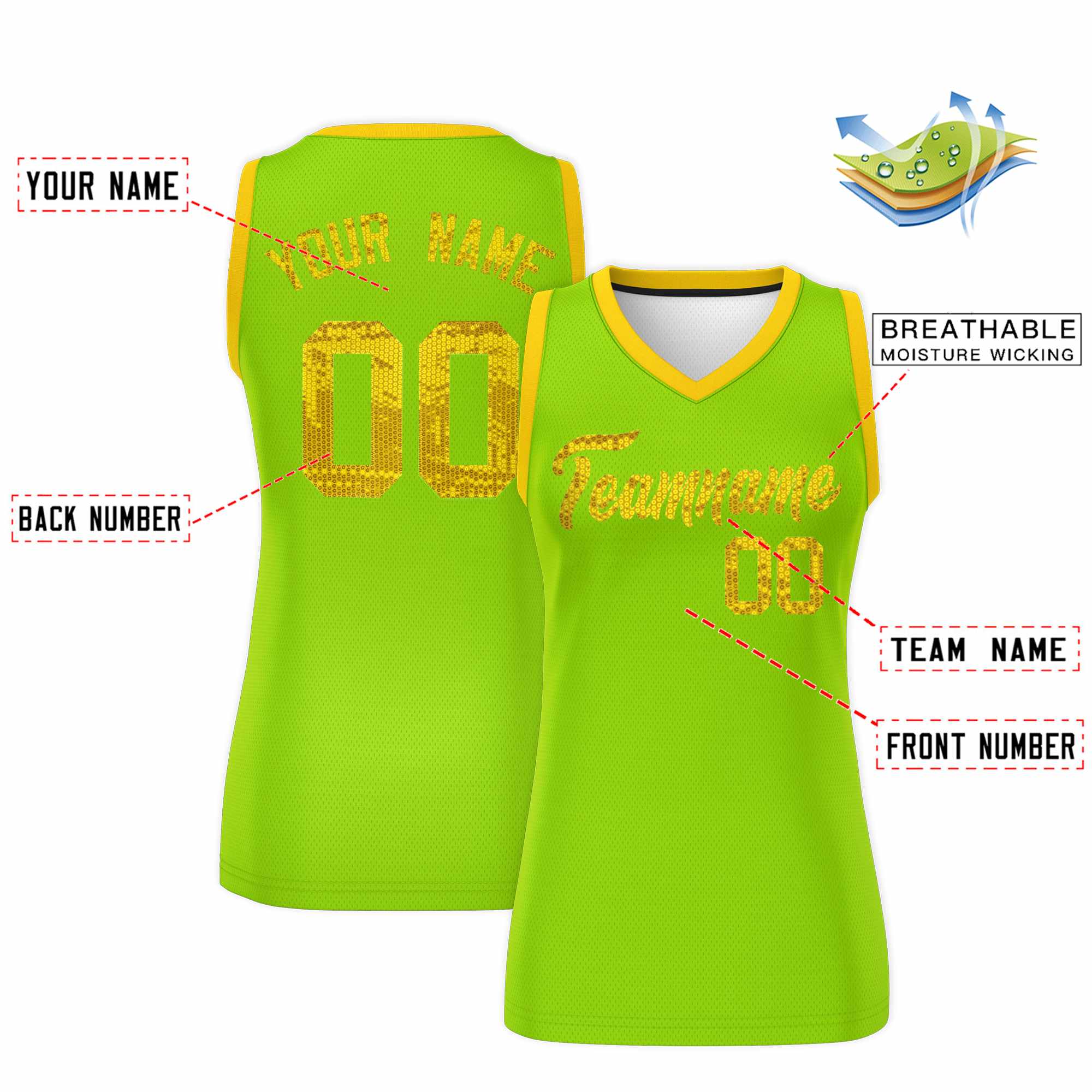 Custom Neon Green Gold Women Basketball Jersey Sequined Dress|KXKSHOP