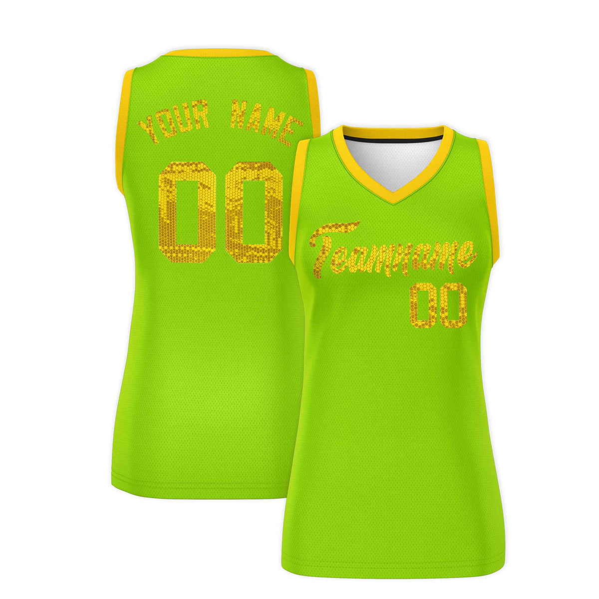 Custom Neon Green Gold Women Basketball Jersey Sequined Dress|KXKSHOP