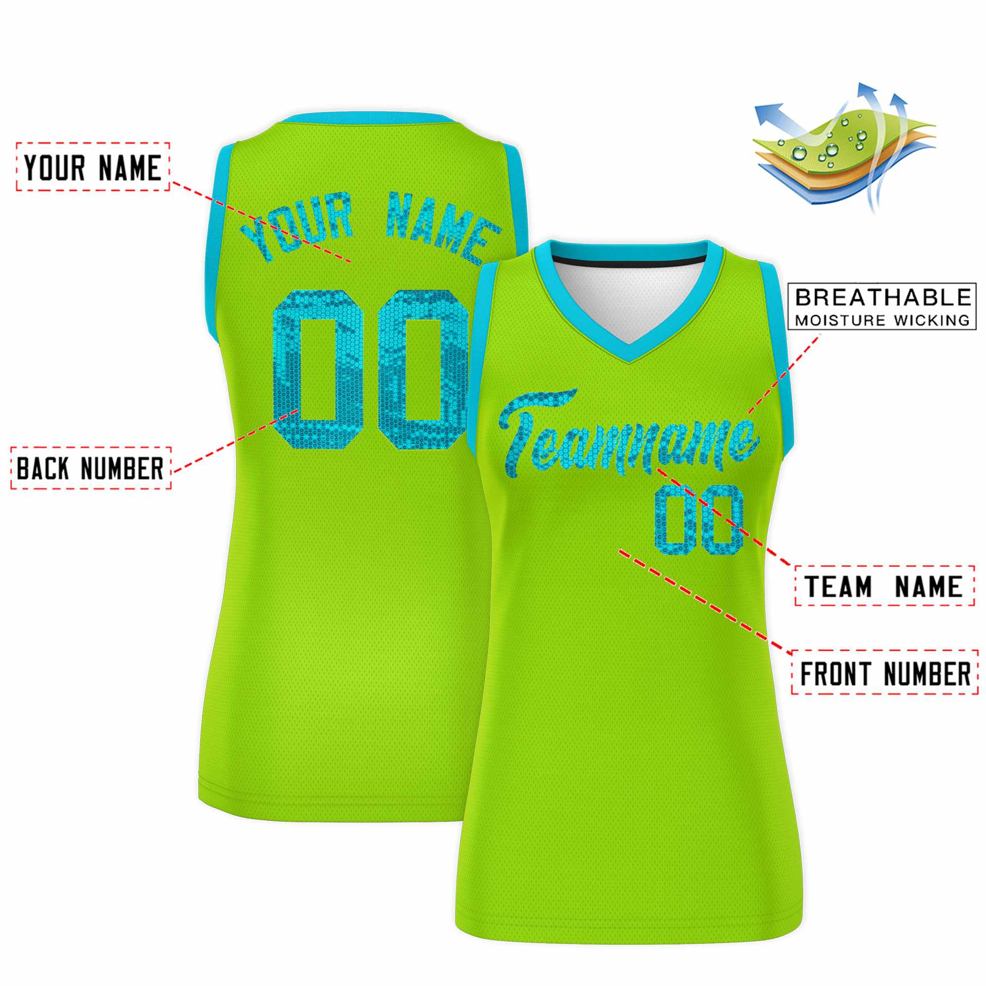Custom Neon Green Sky Blue Women Basketball Jersey Sequined Dress|KXKSHOP