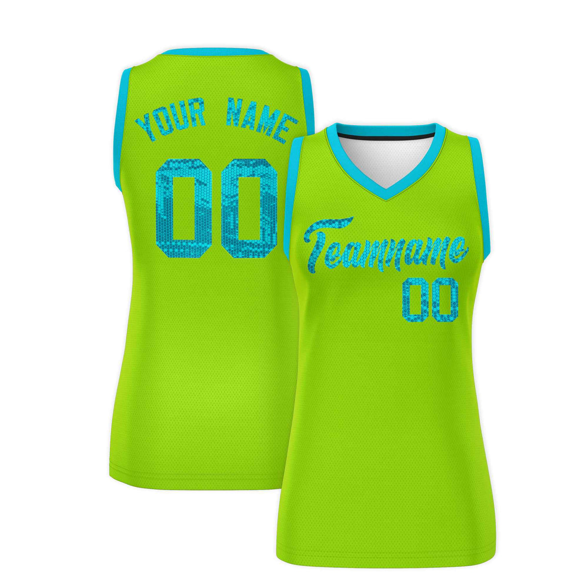 Custom Neon Green Sky Blue Women Basketball Jersey Sequined Dress|KXKSHOP