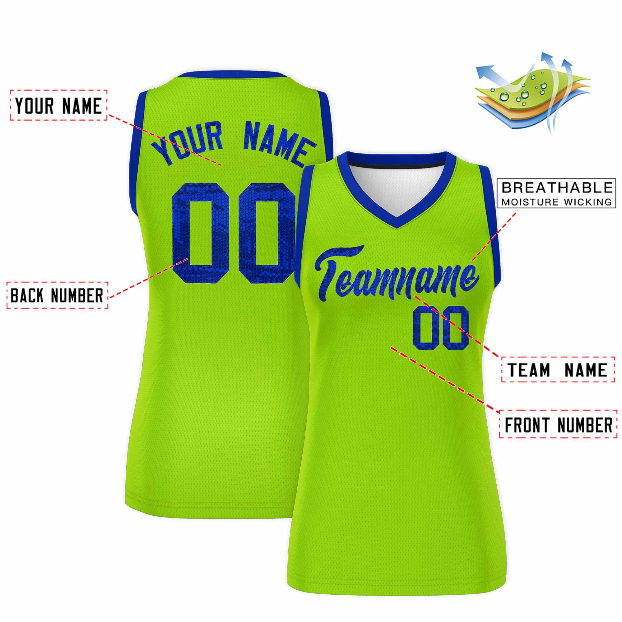 Custom Neon Green Royal Women Basketball Jersey Sequined Dress|KXKSHOP