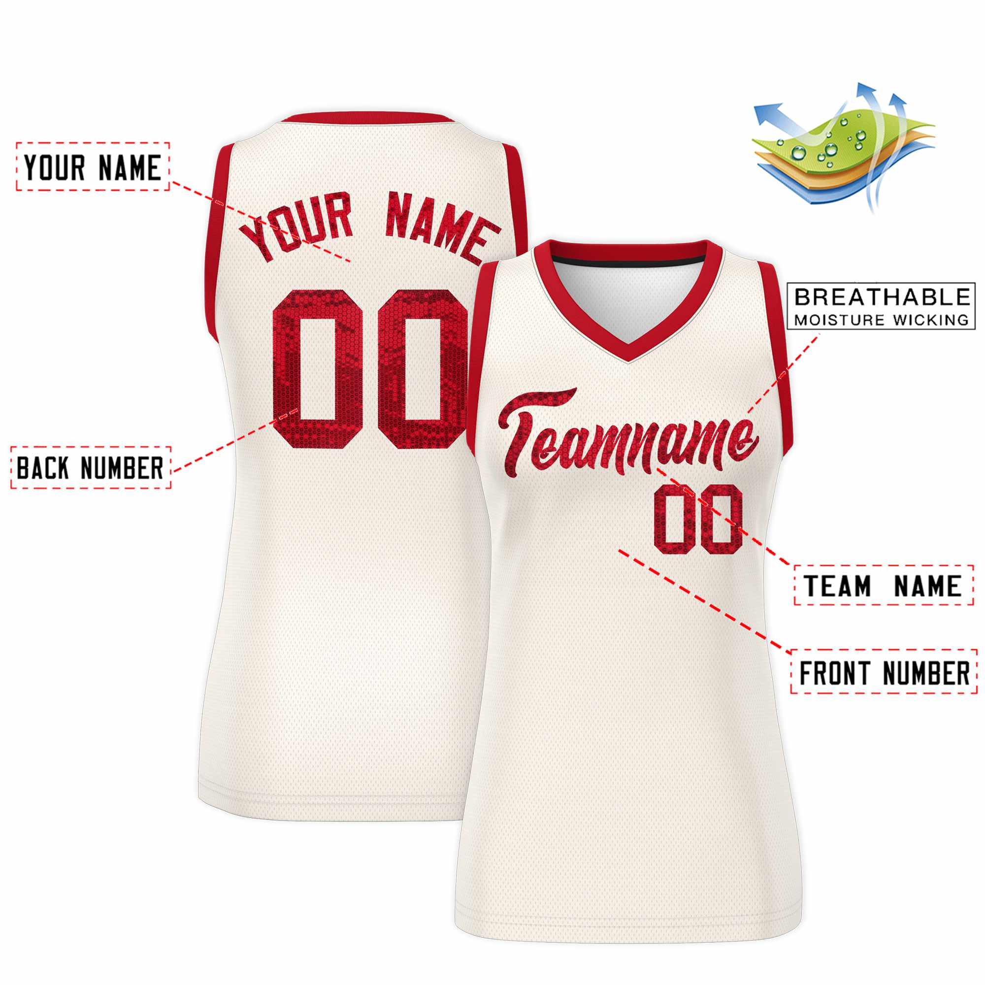 Custom Cream Red Women Basketball Jersey Sequined Dress|KXKSHOP