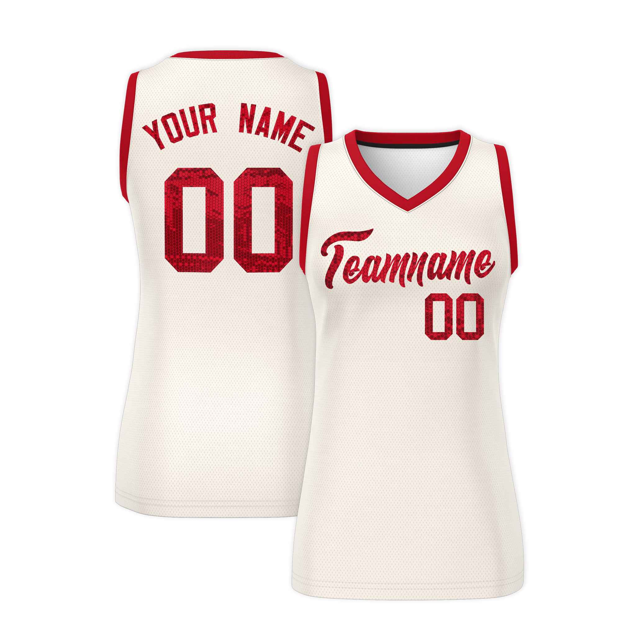 Custom Cream Red Women Basketball Jersey Sequined Dress|KXKSHOP