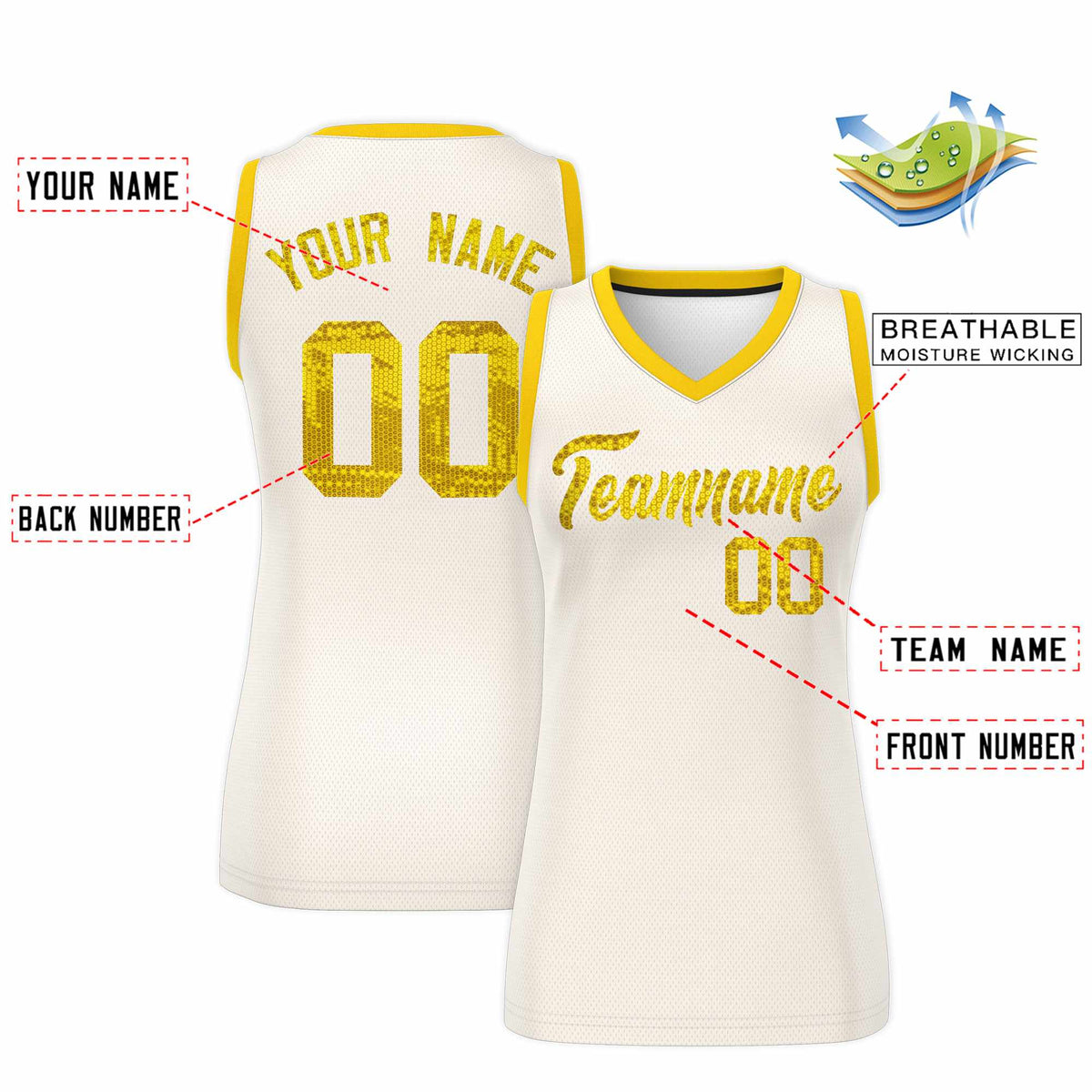 Custom Cream Gold Women Basketball Jersey Sequined Dress|KXKSHOP
