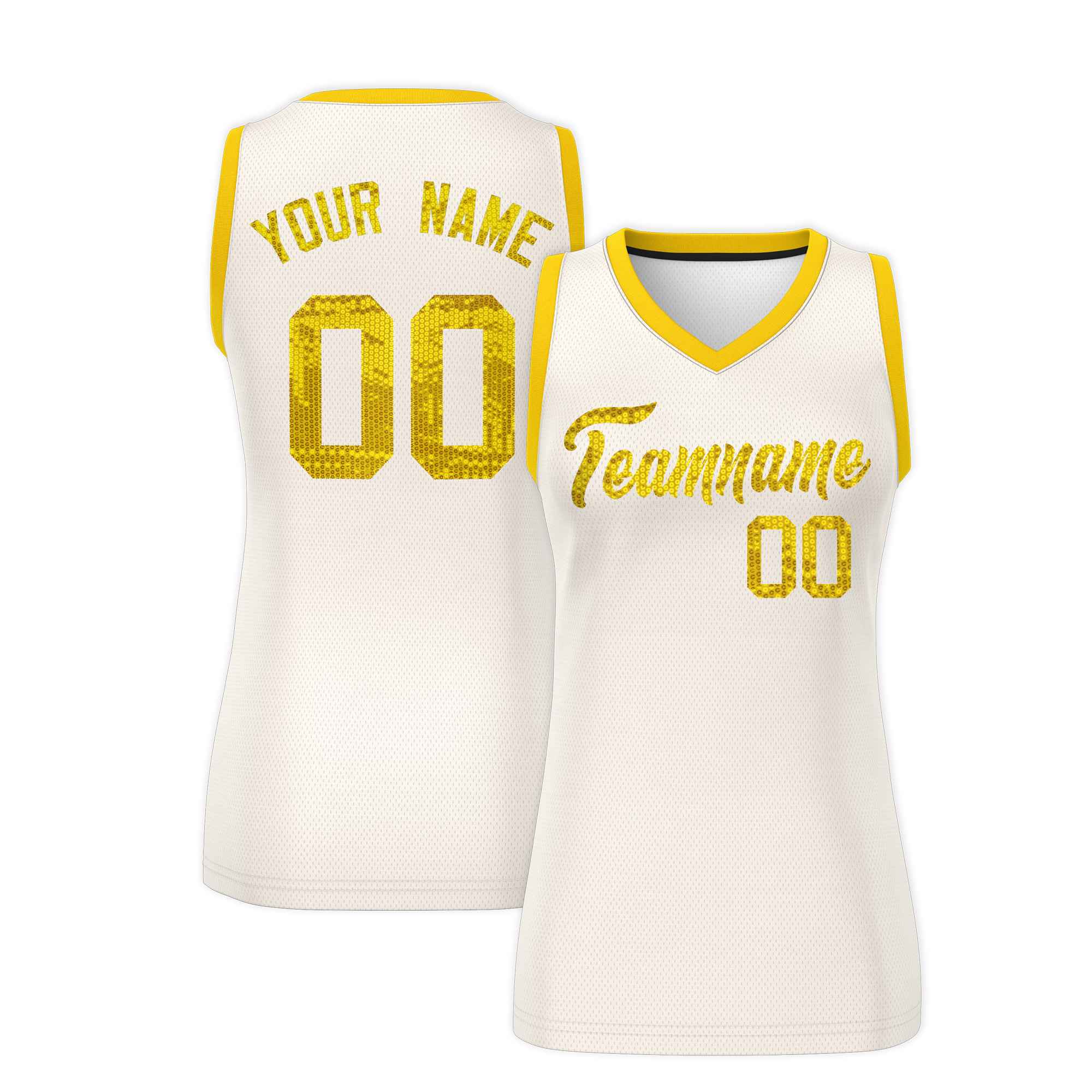 Custom Cream Gold Women Basketball Jersey Sequined Dress|KXKSHOP