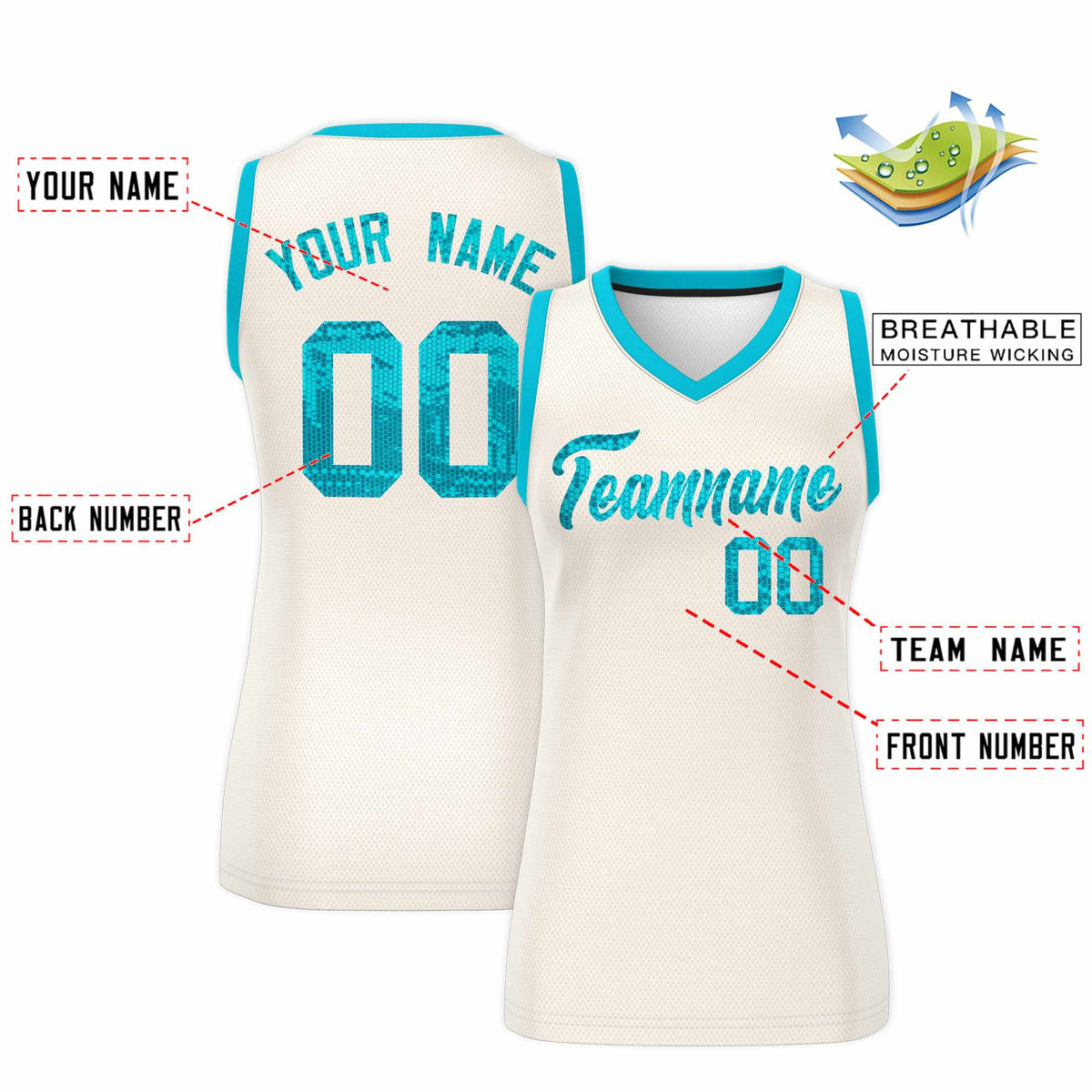 Custom Cream Sky Blue Women Basketball Jersey Sequined Dress|KXKSHOP