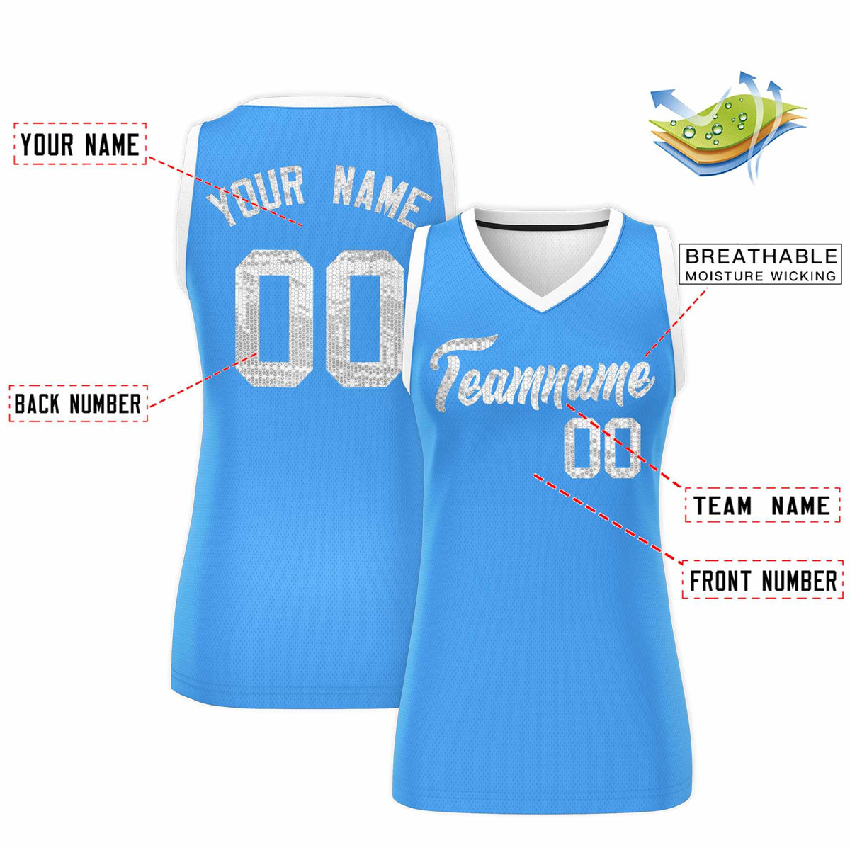Custom Powder Blue White Women Basketball Jersey Sequined Dress|KXKSHOP