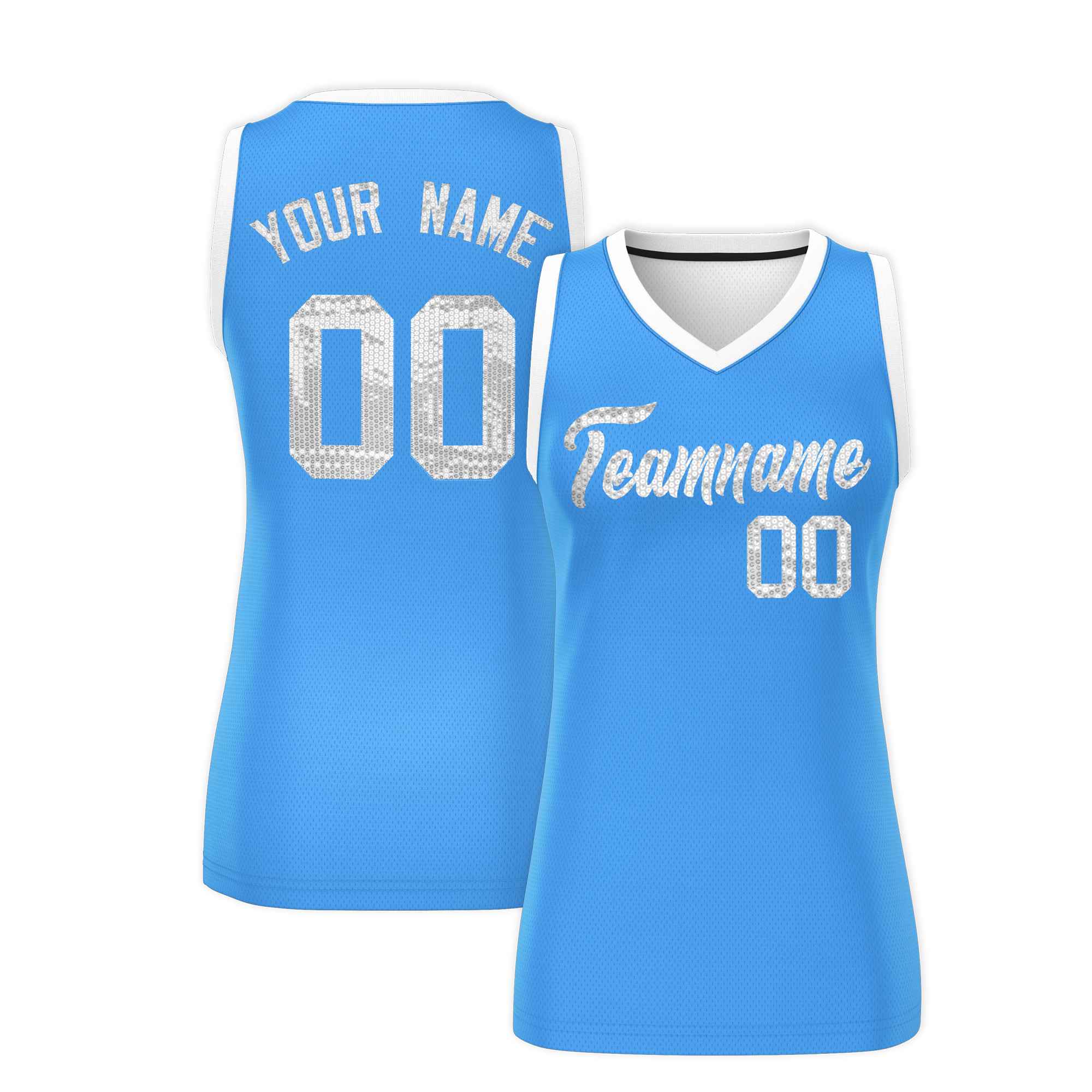 Custom Powder Blue White Women Basketball Jersey Sequined Dress|KXKSHOP