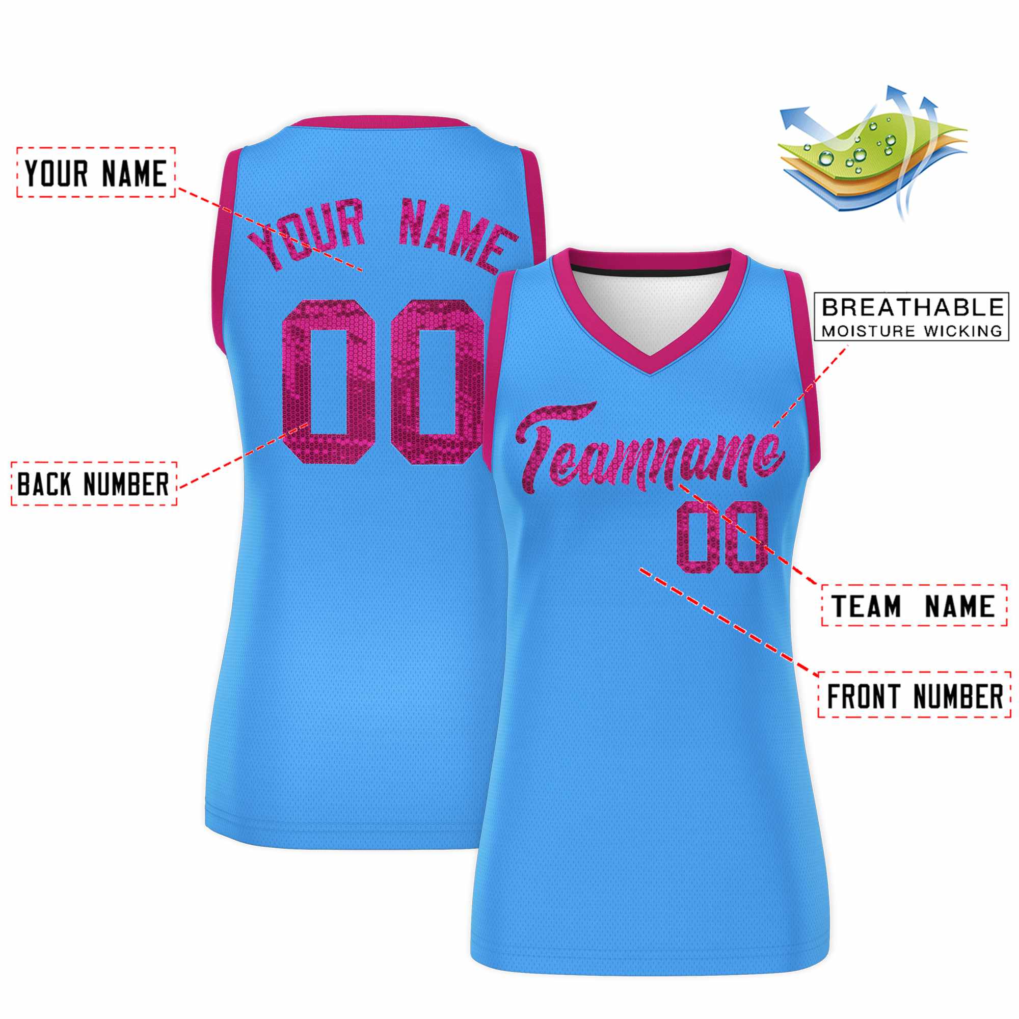 Custom Powder Blue Pink Women Basketball Jersey Sequined Dress|KXKSHOP