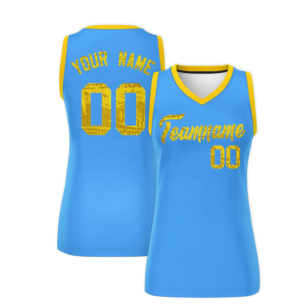 Custom Powder Blue Gold Women Basketball Jersey Sequined Dress|KXKSHOP