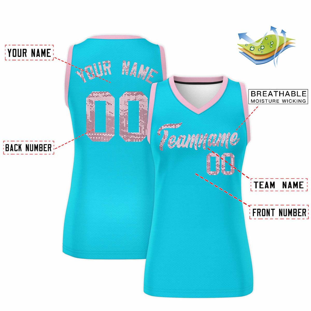 Custom Sky Blue Light Pink Women Basketball Jersey Sequined Dress|KXKSHOP