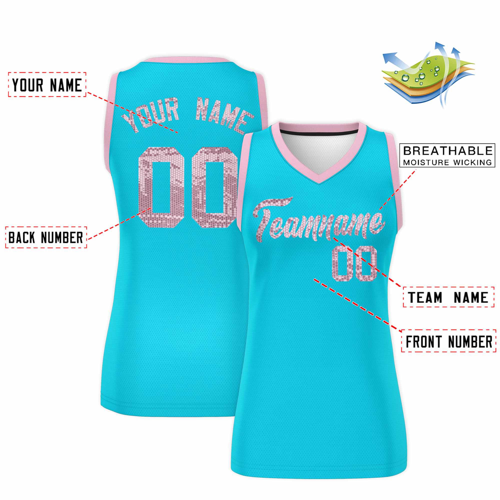 Custom Sky Blue Light Pink Women Basketball Jersey Sequined Dress|KXKSHOP