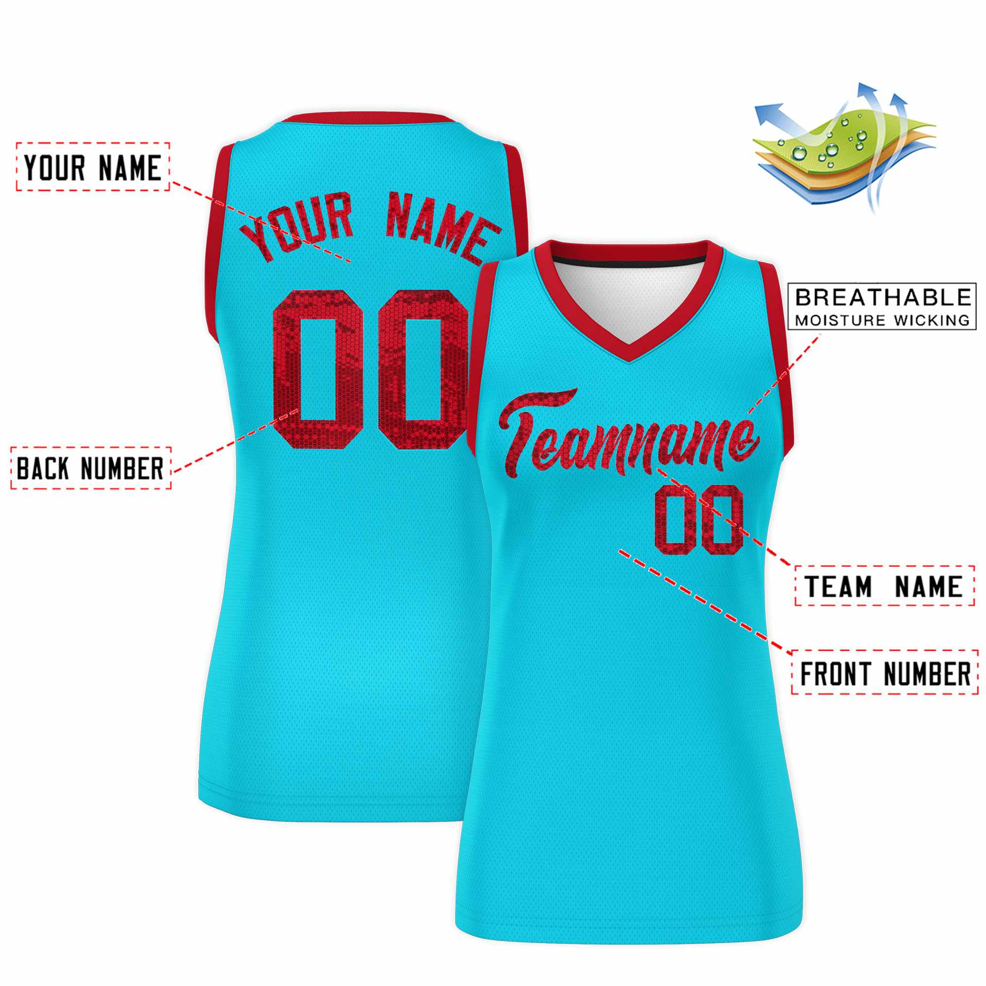 Custom Sky Blue Red Women Basketball Jersey Sequined Dress|KXKSHOP