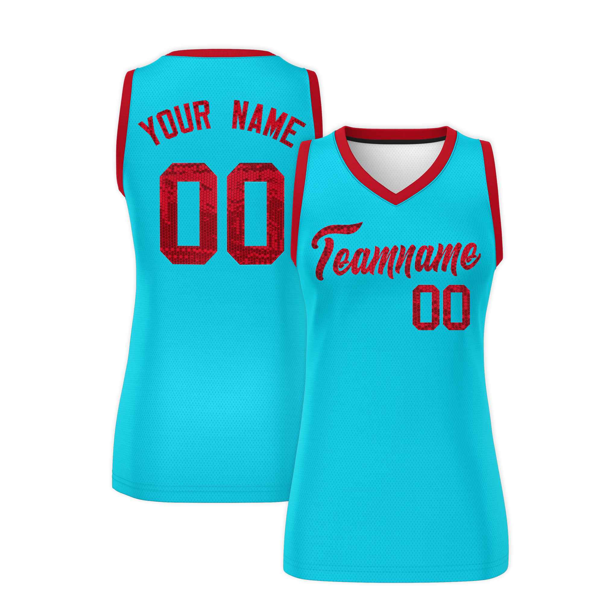 Custom Sky Blue Red Women Basketball Jersey Sequined Dress|KXKSHOP
