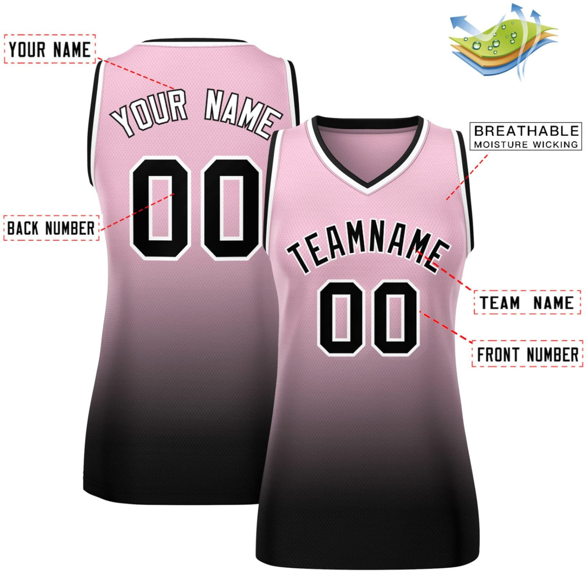Custom Pink Black Gradient Fashion Tops Mesh Basketball Jersey For Women