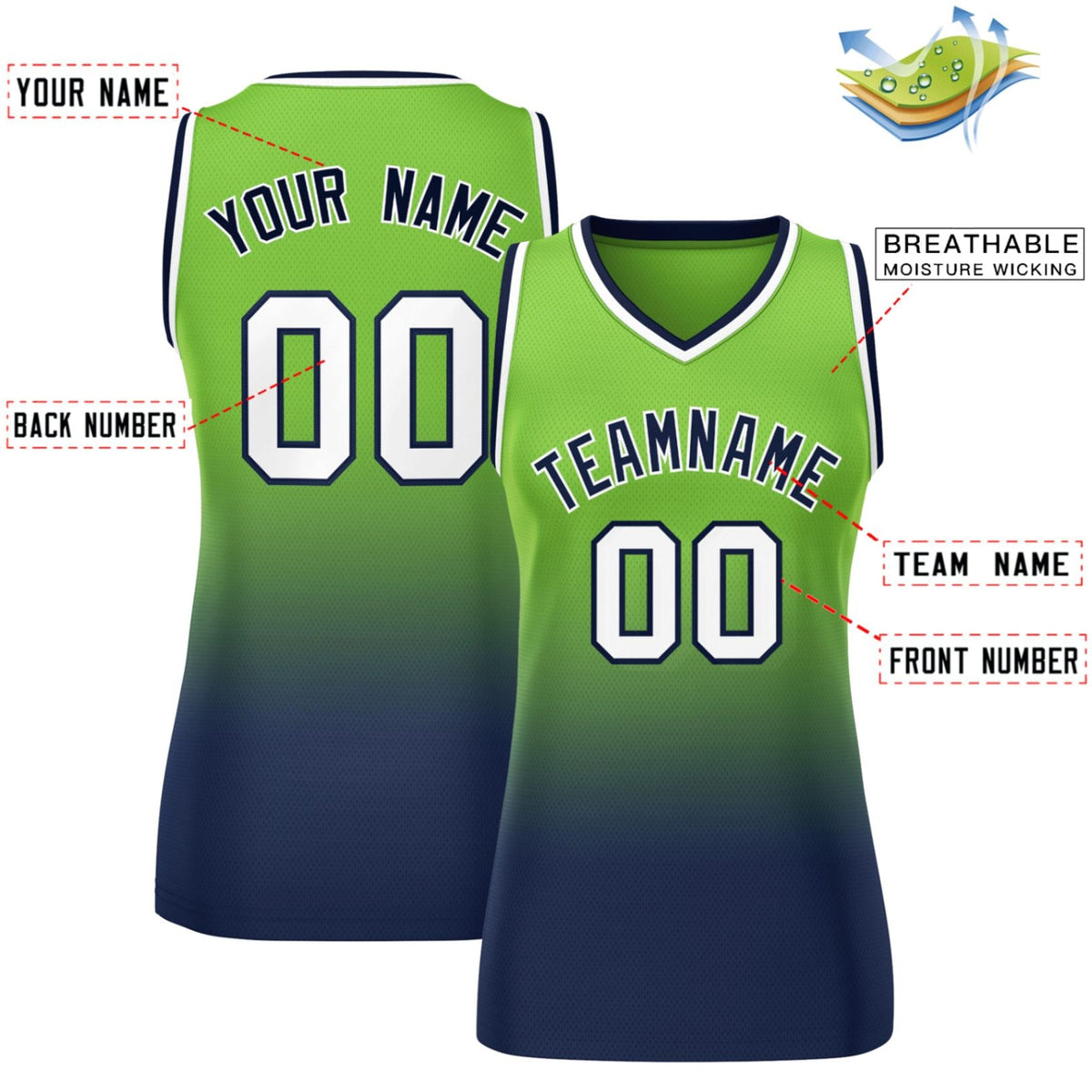 Custom Neon Green Navy Gradient Fashion Tops Mesh Basketball Jersey For Women