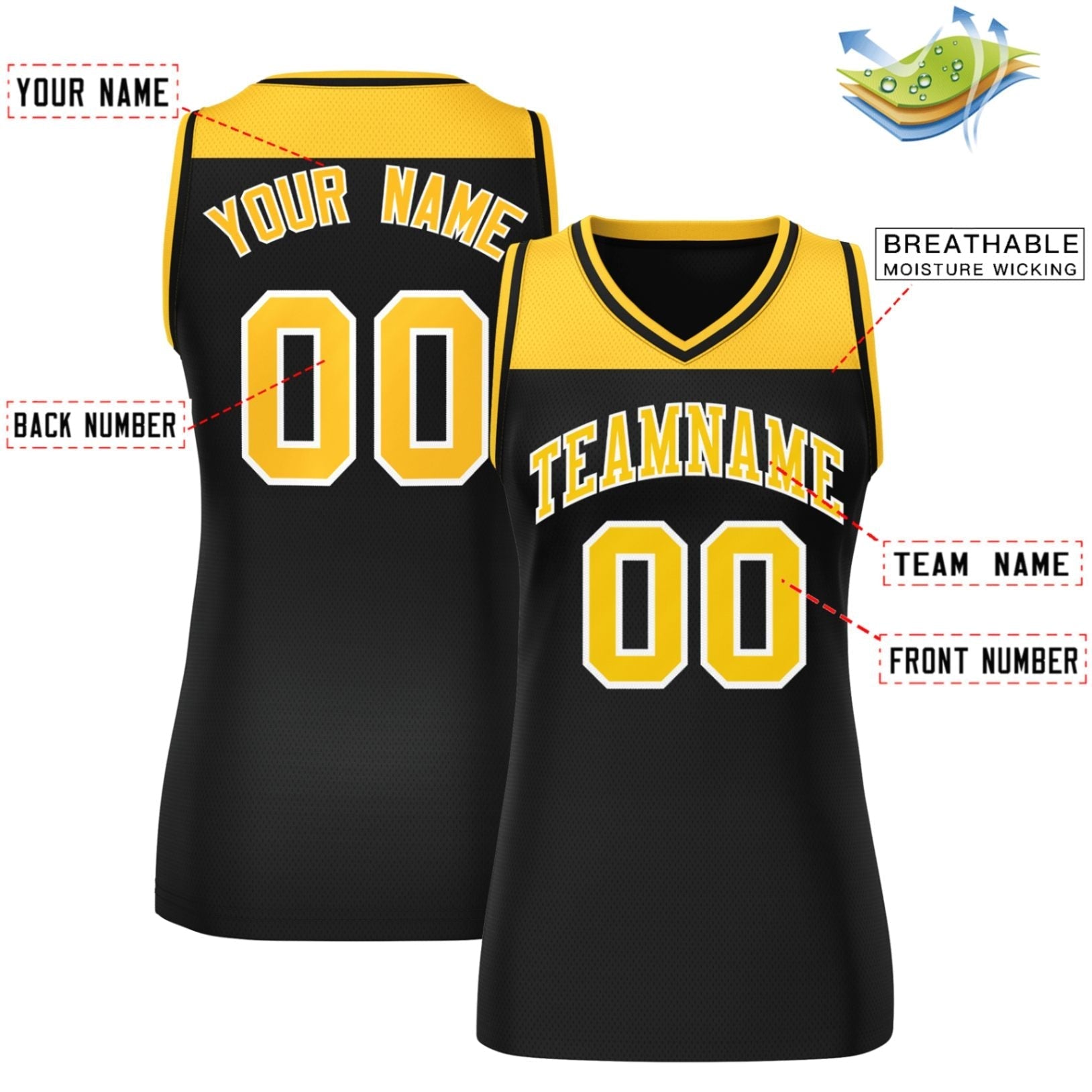 Custom Gold Black Color Block Fashion Tops Mesh Basketball Jersey For Women
