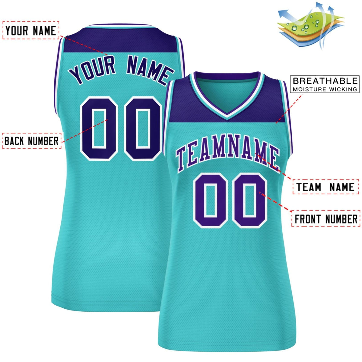Custom Purple Aqua Color Block Fashion Tops Mesh Basketball Jersey For Women