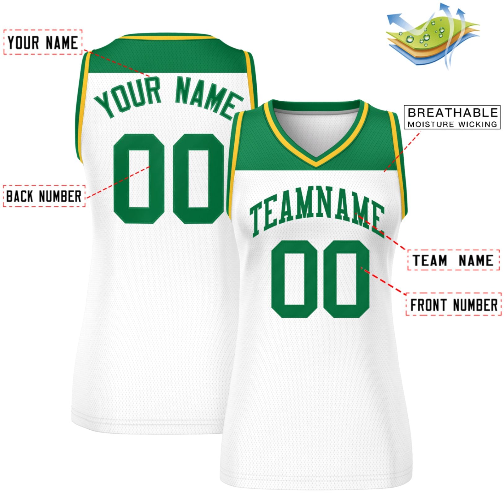 Custom Kelly Green White Color Block Fashion Tops Mesh Basketball Jersey For Women