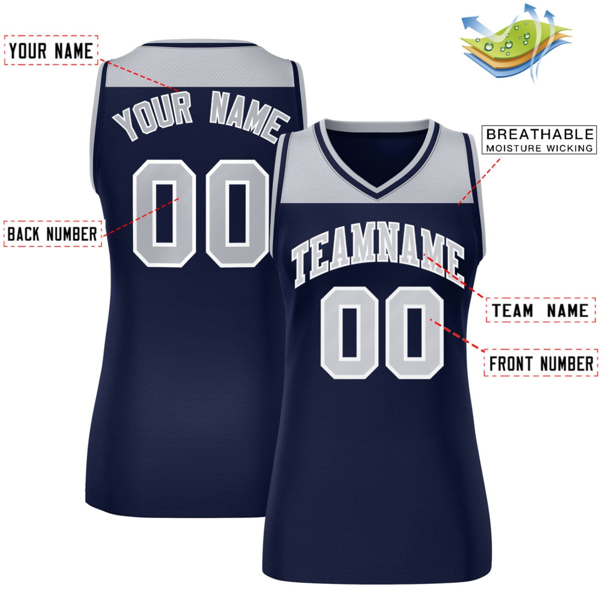Custom Gray Navy Color Block Fashion Tops Mesh Basketball Jersey For Women