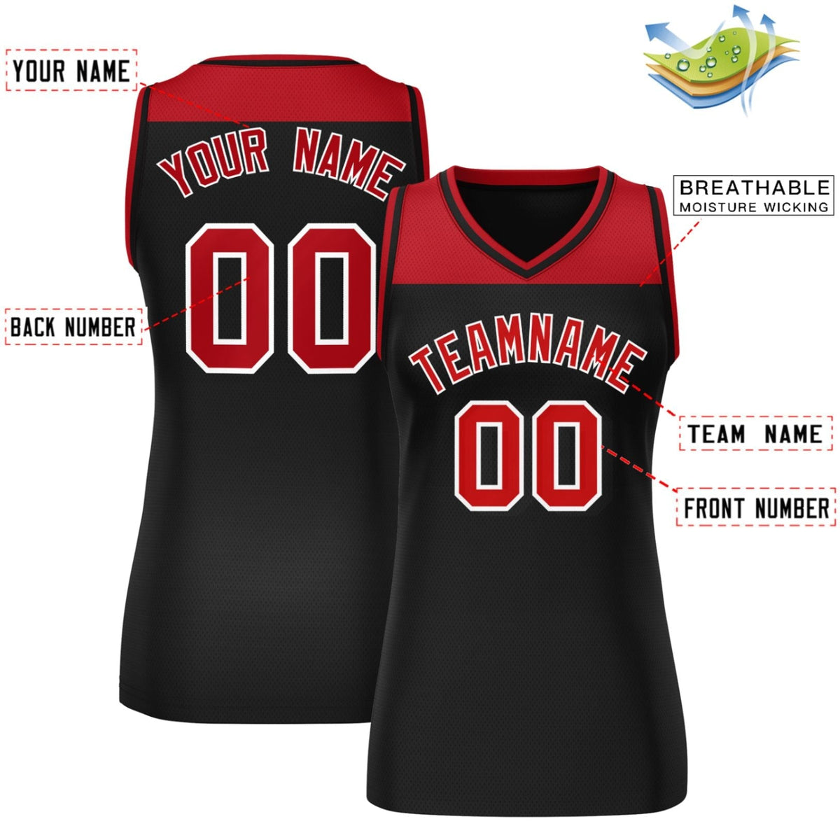 Custom Red Black Color Block Fashion Tops Mesh Basketball Jersey For Women