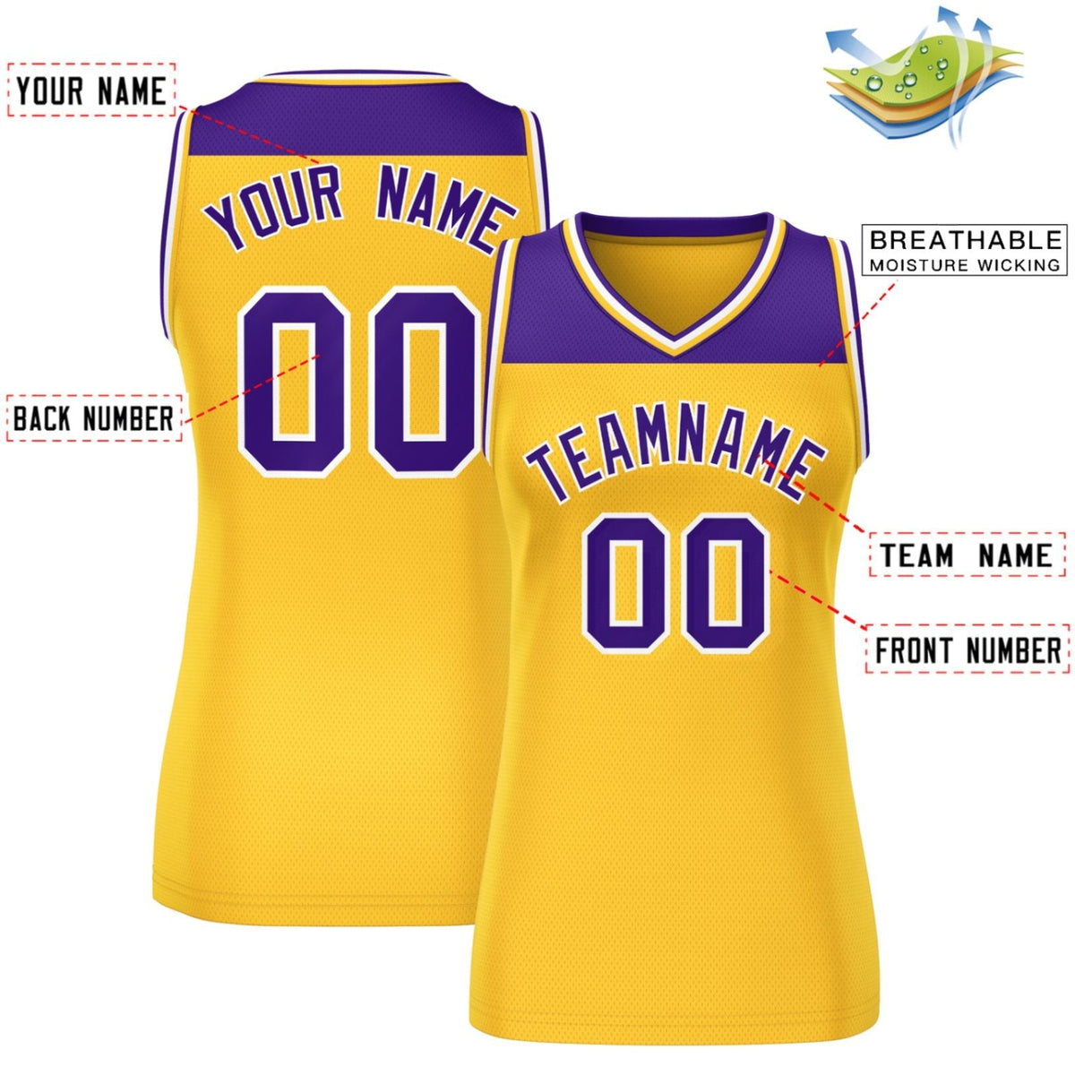 Custom Purple Gold Color Block Fashion Tops Mesh Basketball Jersey For Women