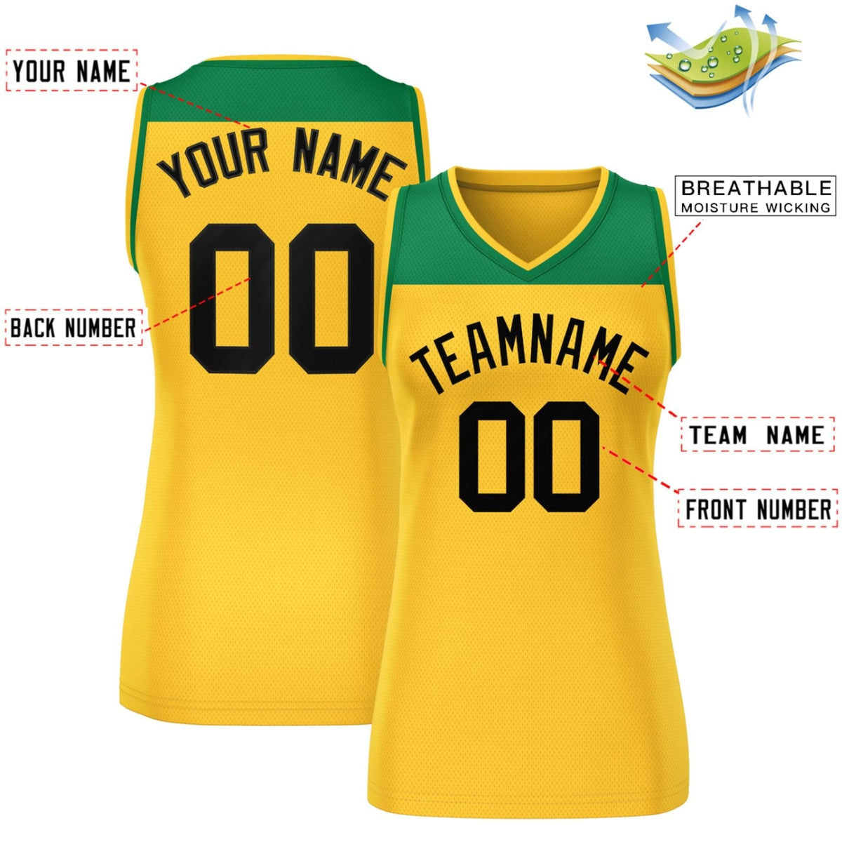Custom Kelly Green Gold Color Block Fashion Tops Mesh Basketball Jersey For Women