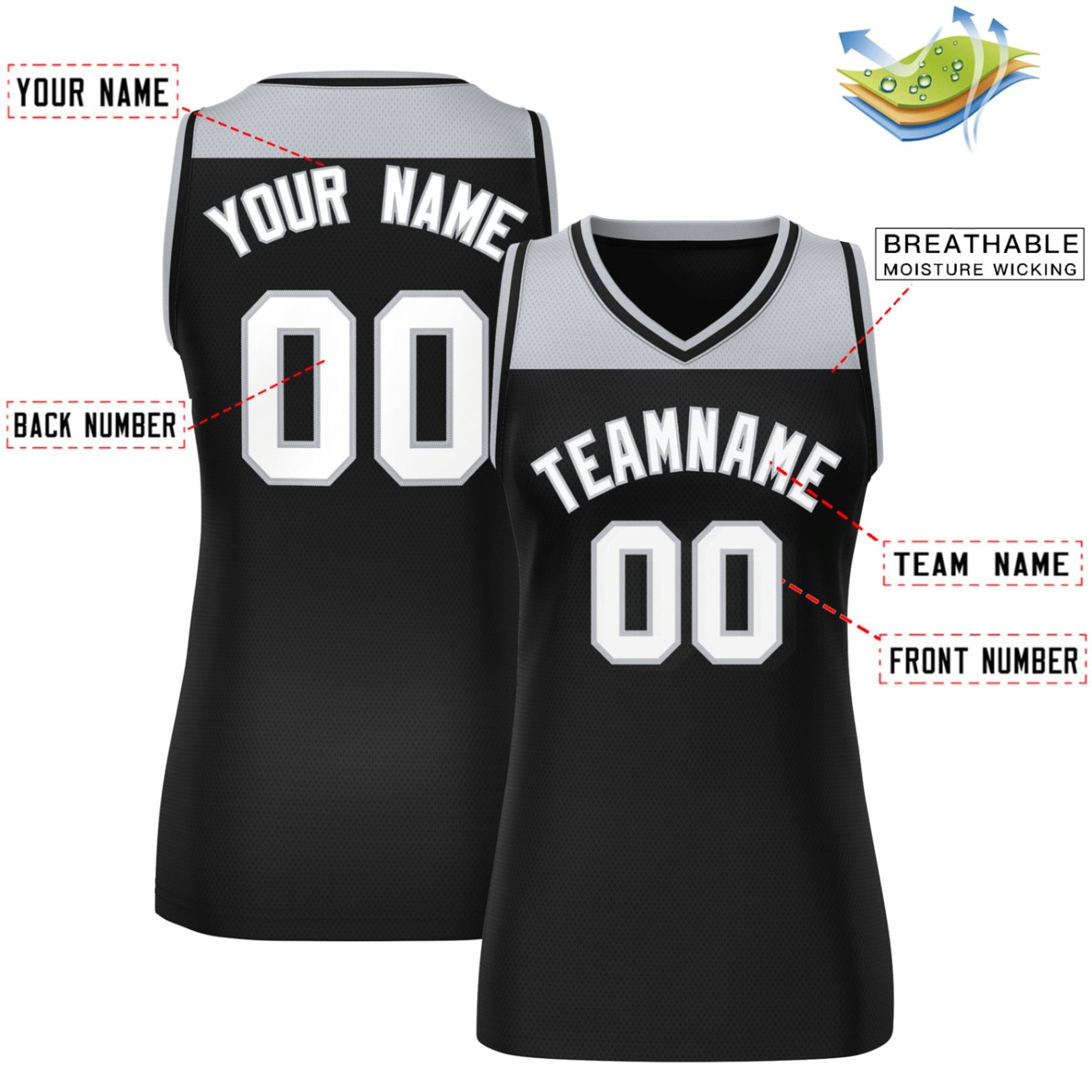 Custom Gray Black Color Block Fashion Tops Mesh Basketball Jersey For Women